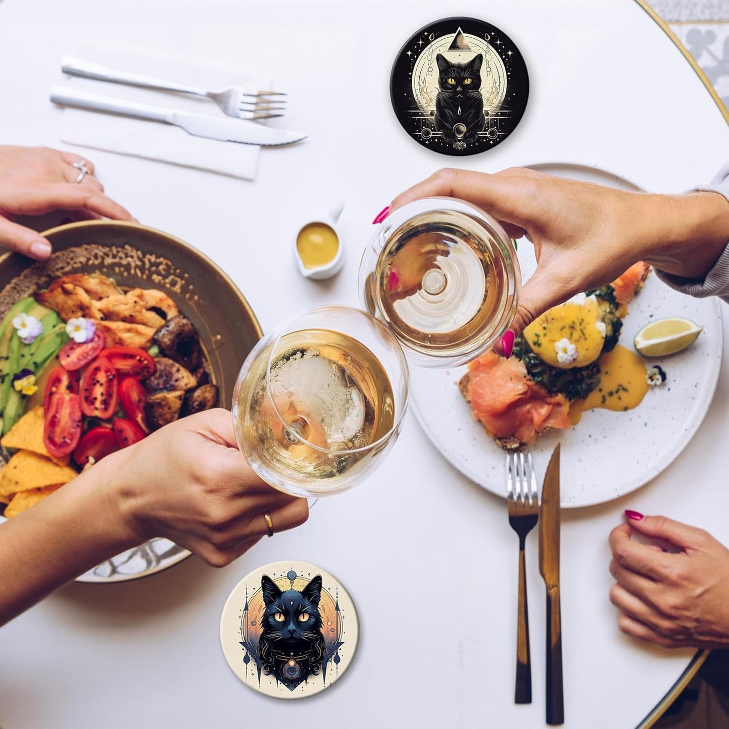 Drink Coasters Set of 6 with Holder, Black Cat Absorbent Ceramic Coasters with Cork Base,Fit All Cups,Great Gift for Housewarming,Room Decor,Bar,Holiday Party