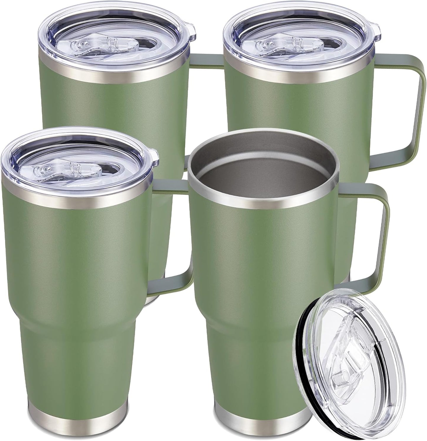 30 oz Tumbler with Handle and Lid, Stainless Steel Tumblers Bulk Double Wall Vacuum Insulated Travel Mug Leak Proof Cup Keep Drinks Cold and Hot Army Green, 4 Pack