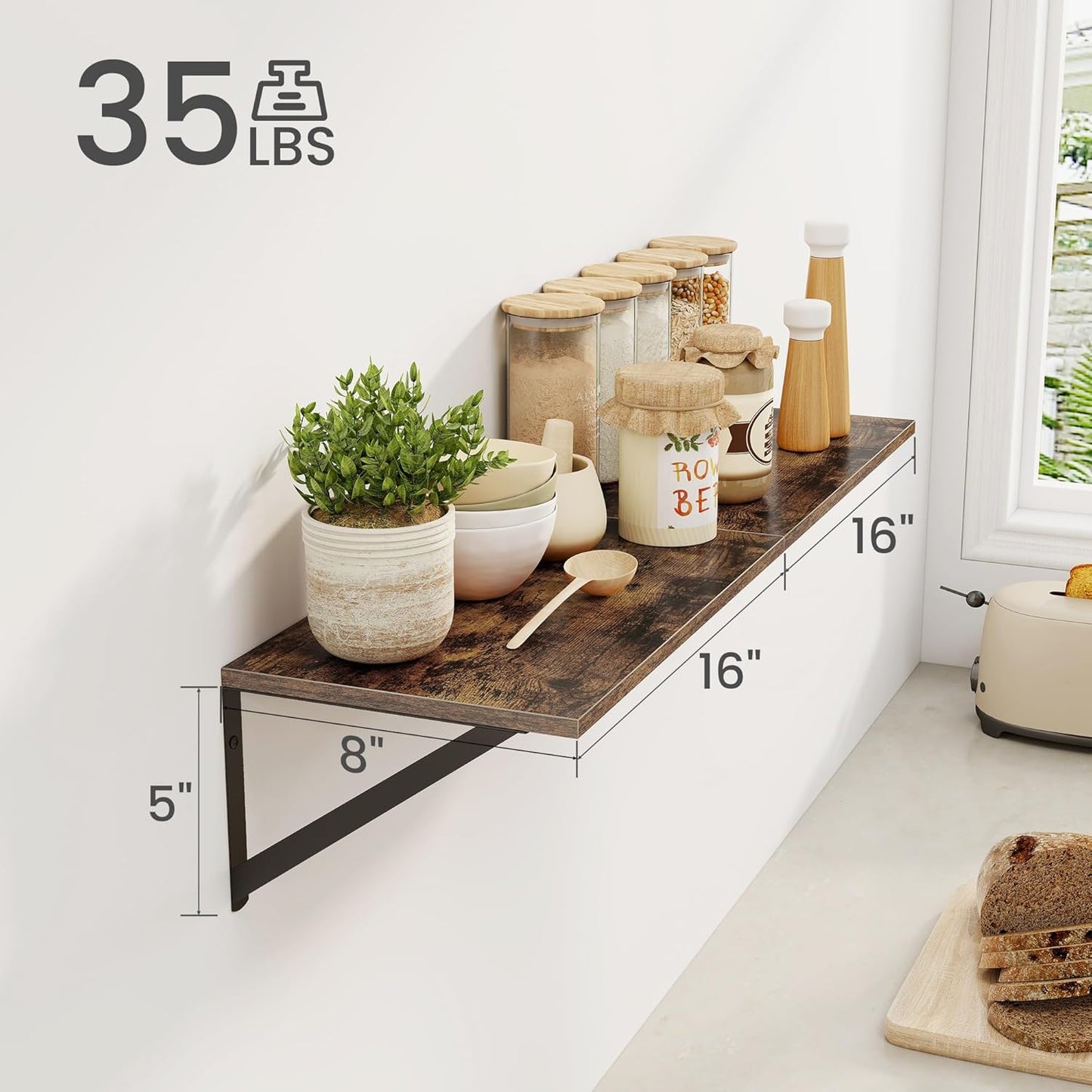 Heimlove Deep Floating Shelves for Wall, 16W x 8D Wood Wall Shelves Set of 2, Wide Floating Bookshelf for Living Room, Kitchen, Office, Bedroom and Decor Storage, with Metal Bracket - Rustic Brown