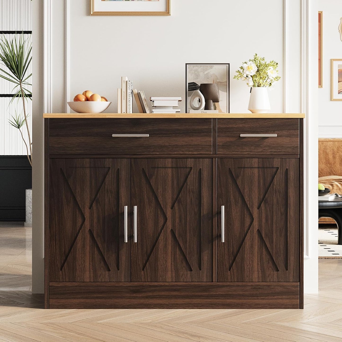 Vongrasig Sideboard Buffet Cabinet with Storage, 43” Farmhouse Coffee Bar Storage Cabinet with Drawers and Shelves, Modern Buffet Table for Kitchen, Dining Room, Rustic Brown