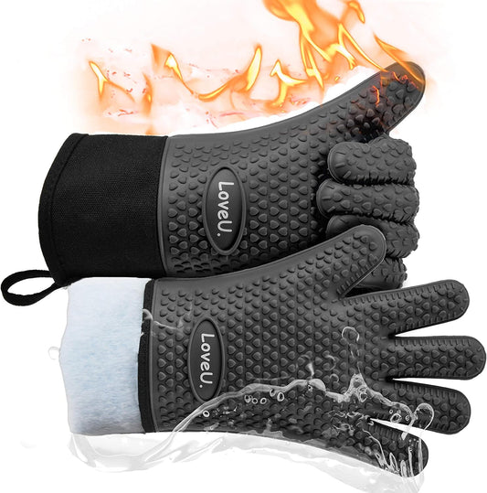Kitchen Oven Gloves - Dual-Layer Heat Resistant Grilling Gloves, Silicone Oven Mitts with 5 Fingers, Waterproof Non-Slip Pot Holder for Barbecue, Cooking, Baking (Small, Black Long)