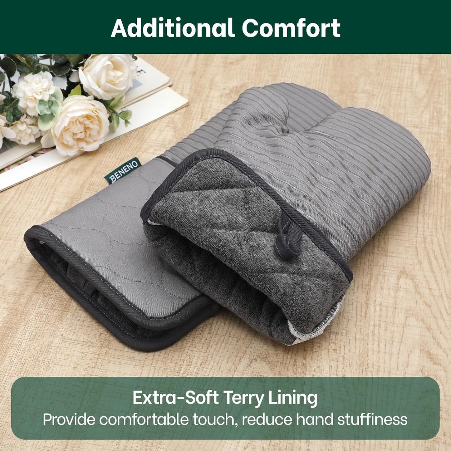Beneno Kitchen Oven Mitts 2-Pack Heat Resistant to 500°F with Non-Slip Silicone Grip, Extra Long 14.3" Forearm Protection, Soft Quilted Cotton Terry Lining, Ideal for Cooking, Baking, Grilling, Gray