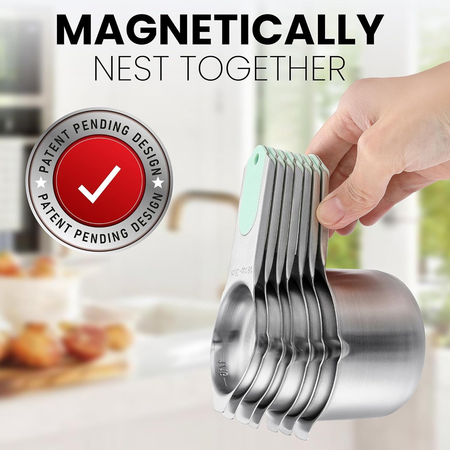 Spring Chef Magnetic Stainless Steel Measuring Cups (Patent Pending), Kitchen Tools with Easy to Read Markings for Measuring Dry or Liquid Ingredients, Set of 7, Mint