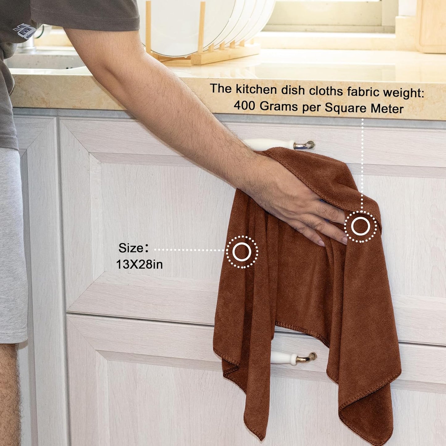 kimteny 13x28 Inches Kitchen Cloth Dish Towels, 400 GSM Premium Dishcloths, Super Absorbent Coral Velvet Microfiber Cleaning Cloths, Fast Drying Rags for Washing Dishes (12 Pack, Brown)