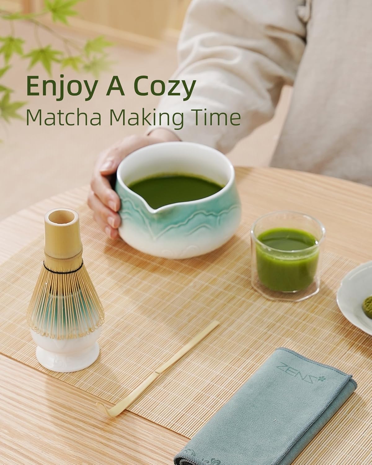 ZENS Matcha Whisk Set, Ceramic Matcha Set Includes Matcha Bowl, Matcha Whisk and Holder, Bamboo Scoop & Tea Towel - 5Pcs Matcha Kit for Matcha Ceremony, Blue