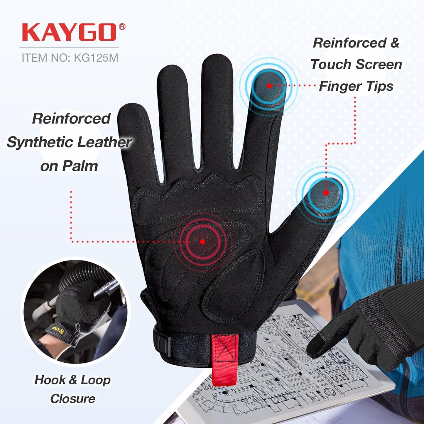 KAYGO Work Gloves For Men,3 Pairs KG125M Mechanic Utility Work Gloves for All Purpose, Excellent Grip, Heavy Duty, Improved Dexterity, Touch Screen,Black, XL