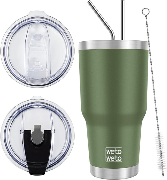 WETOWETO 30oz Stainless Steel Tumbler, Insulated Coffee Tumbler Cup with 2 Lids and 2 Straws, Double Walled Travel Coffee Mug for Hot & Cold Drinks (Army Green, 1 Pack)