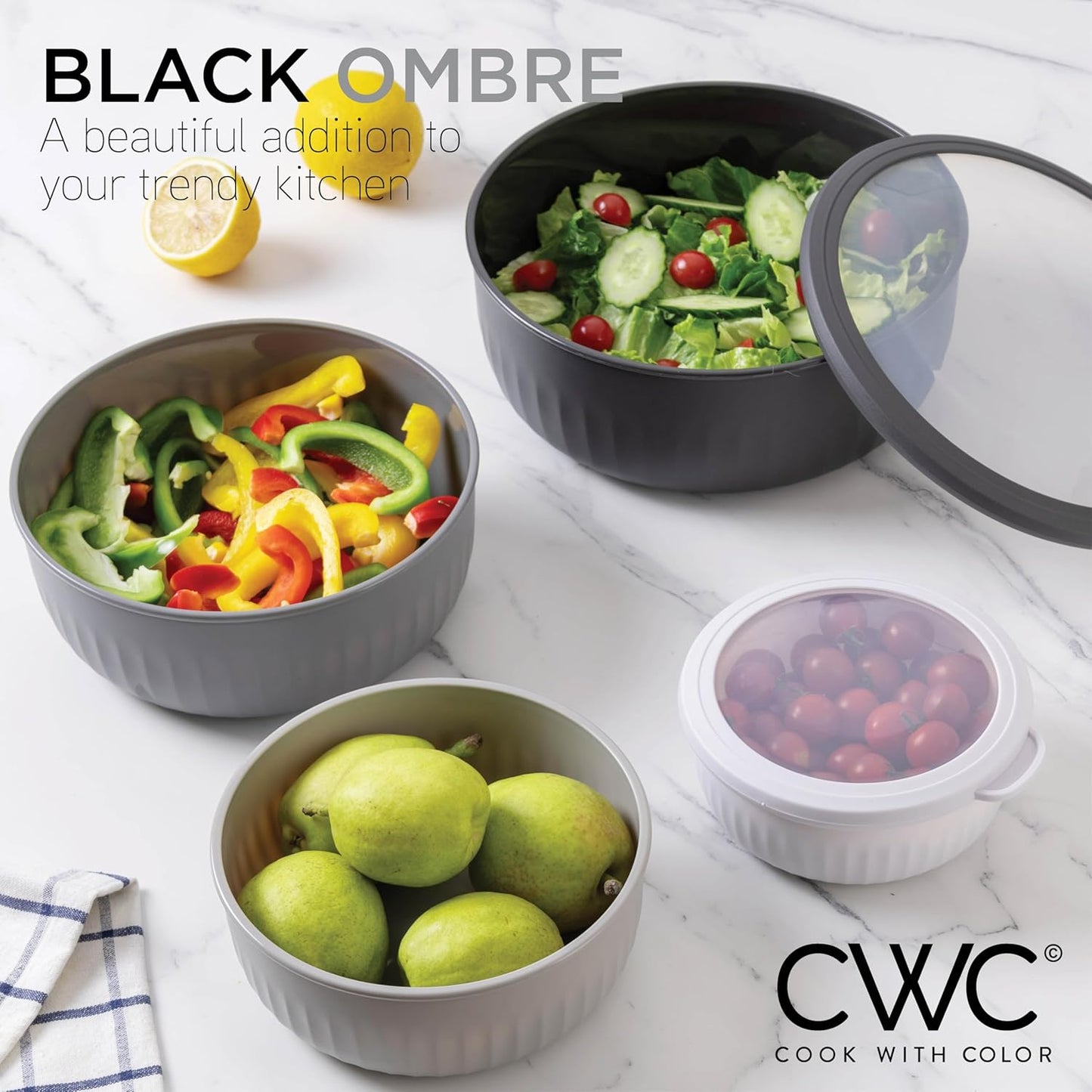 COOK WITH COLOR Prep Bowls with Lids- Wide and Deep Nesting Plastic Small Mixing Bowl Set with Lids, 12 Piece Set - Wide Bowls, Black/White