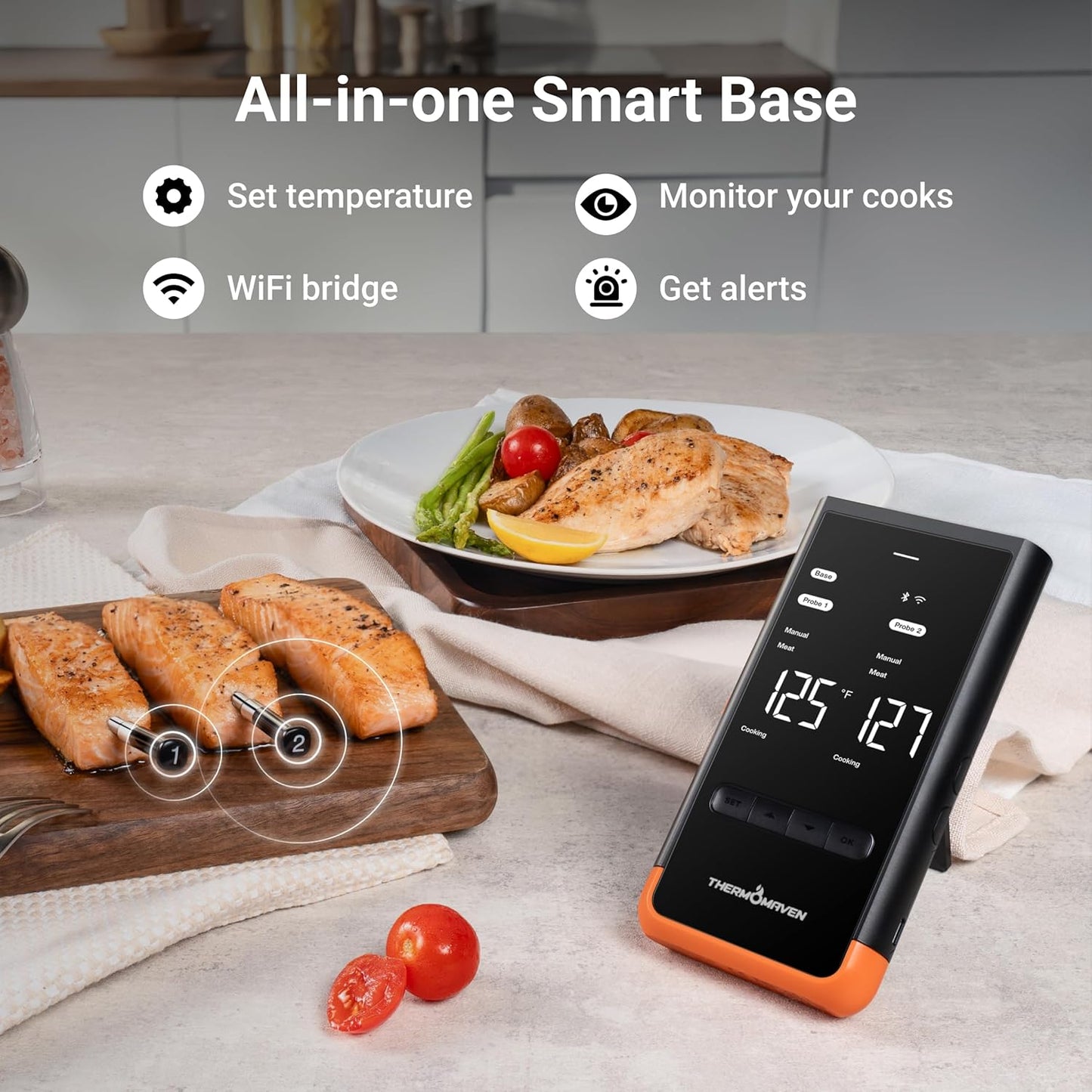 Wireless Bluetooth Smart Meat Thermometer: Standalone Base, Smart WiFi Thermometer with Sub-1G, 6 Sensors NIST Certified Accuracy, 2 Probes, for BBQ, Grill, Oven, Smoker, Rotisserie