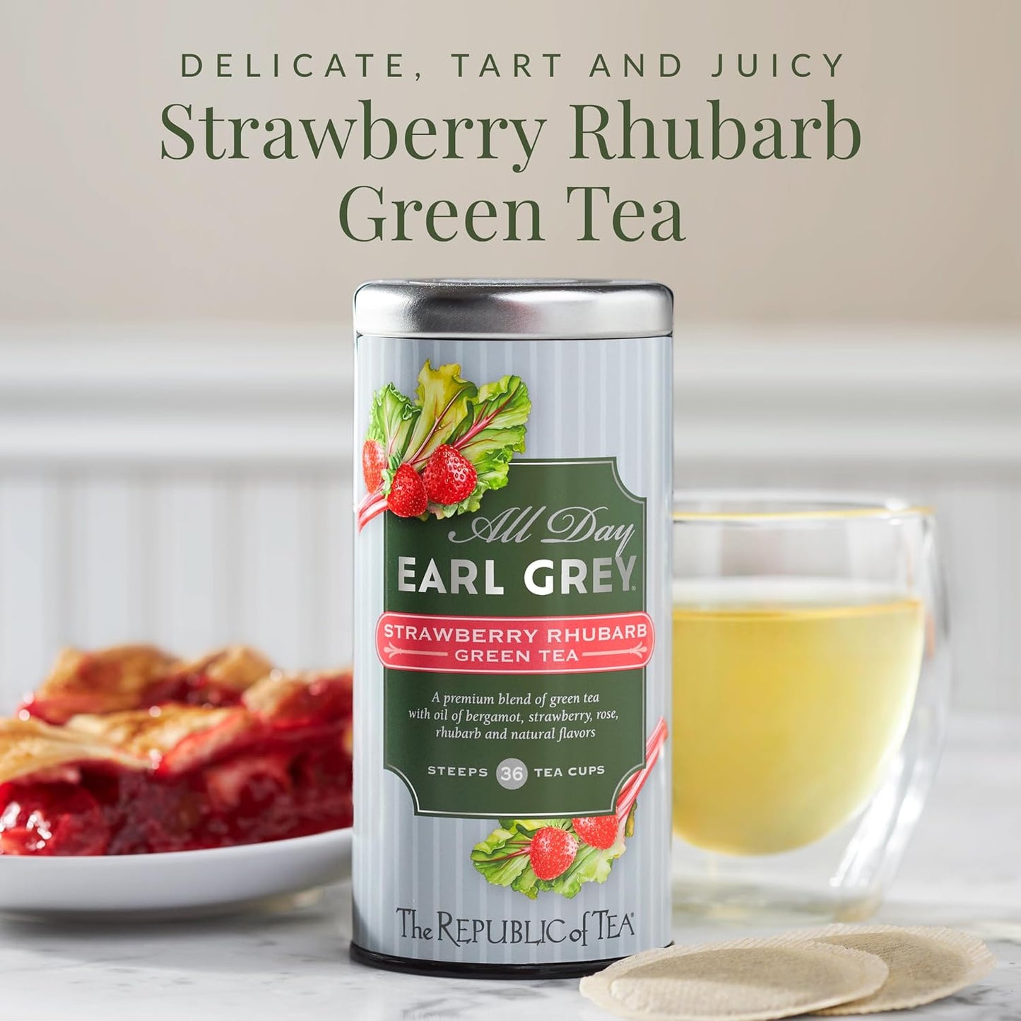 The Republic of Tea – All Day Earl Grey® Strawberry Rhubarb Green Tea, Naturally Caffeinated, 36 Tea Bags