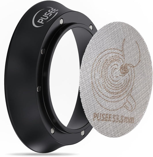 58mm Espresso Dosing Funnel & 58.5mm Puck Screen,PUSEE Coffee Dosing Ring Aluminum Metal,Reusable 1.7mm Thickness 150μm Espresso Puck Screen 316 Stainless Steel Fits 58mm Portafilter