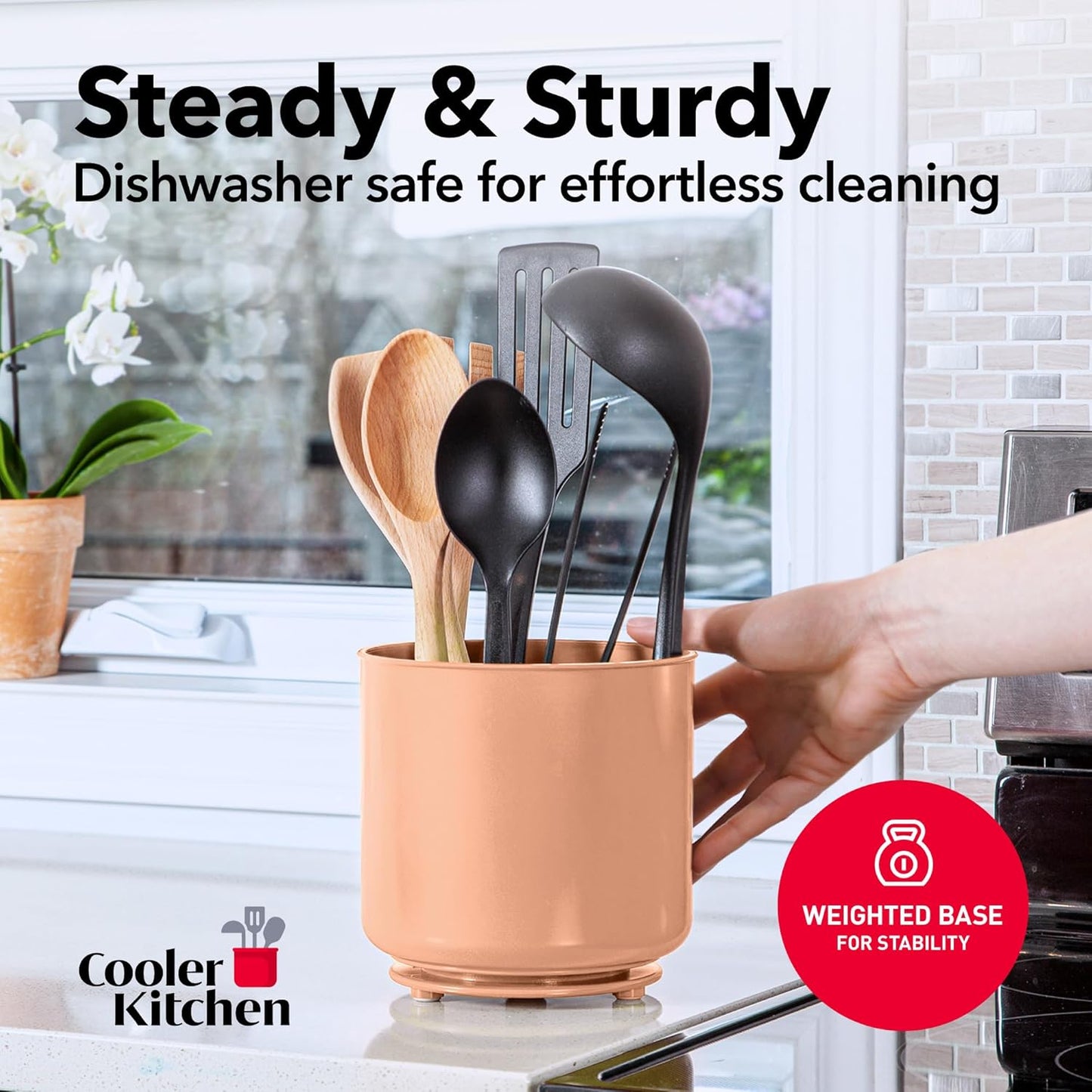 Rotating Extra Large Peach Plastic Utensil Holder Caddy with Sturdy No-Tip Weighted Base, Removable Divider, and Gripped Insert - Dishwasher Safe Kitchen Utensil Holder for Countertop