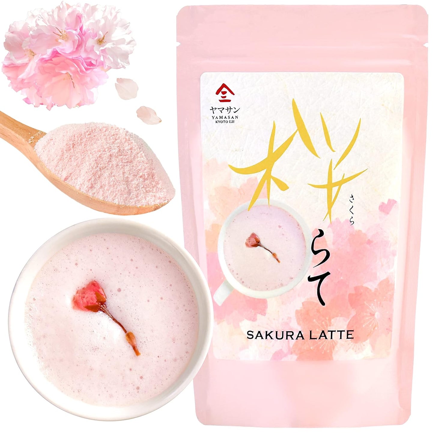 YAMASAN KYOTO UJI Sakura Latte -Creamy and Aromatic Foam- Using Japanese Cherry Blossom 100%, Made in Japan,Sold by Japanese company, 100g(3.5oz)