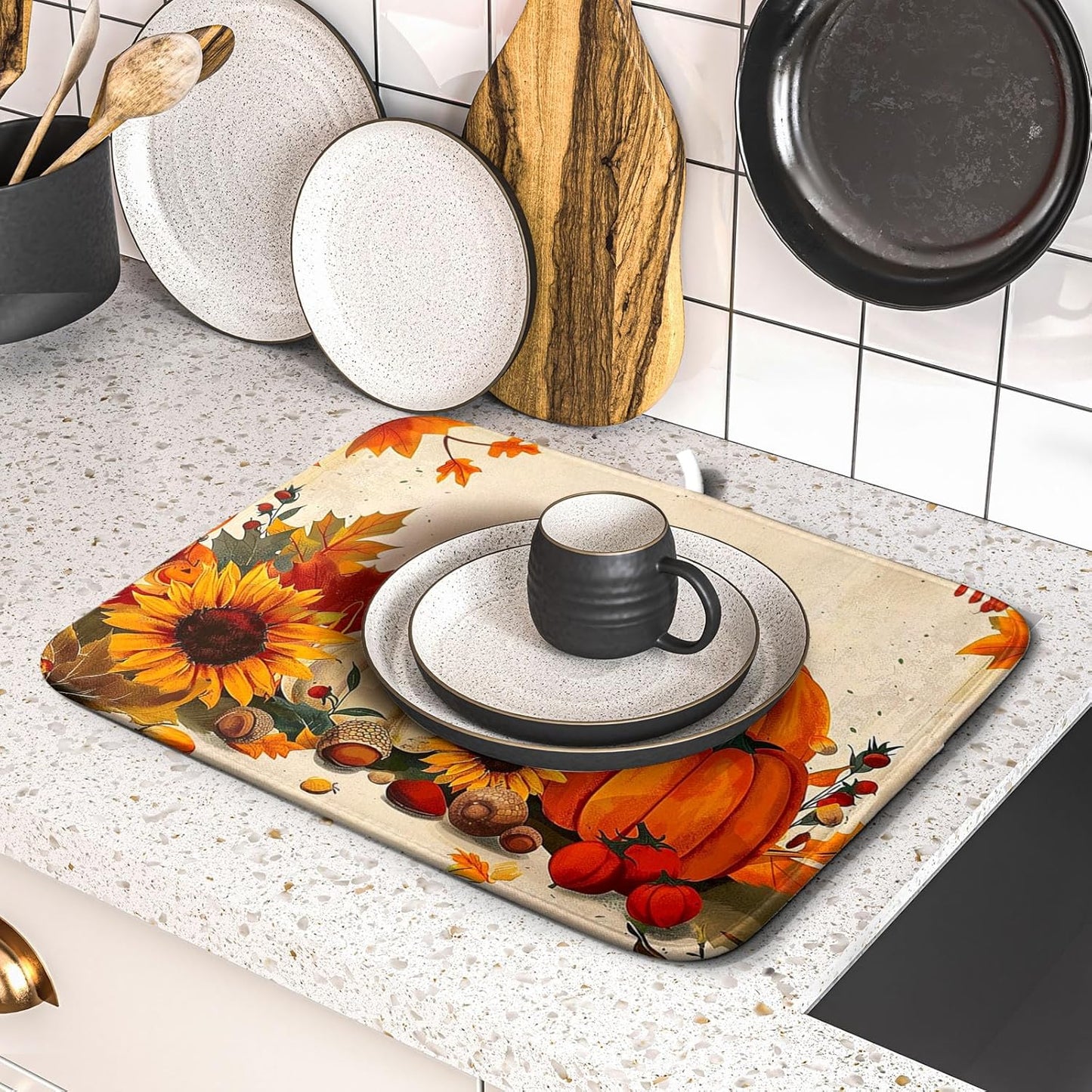 Happy Thanksgiving Day Harvest Dish Drying Mat for Kitchen Counter,Sunflower Maple Leaves Pumpkin Drying Mat 16 x 18 Inch with Absorbent Reversible Microfiber Dish Drying Pad for Coffee Bar