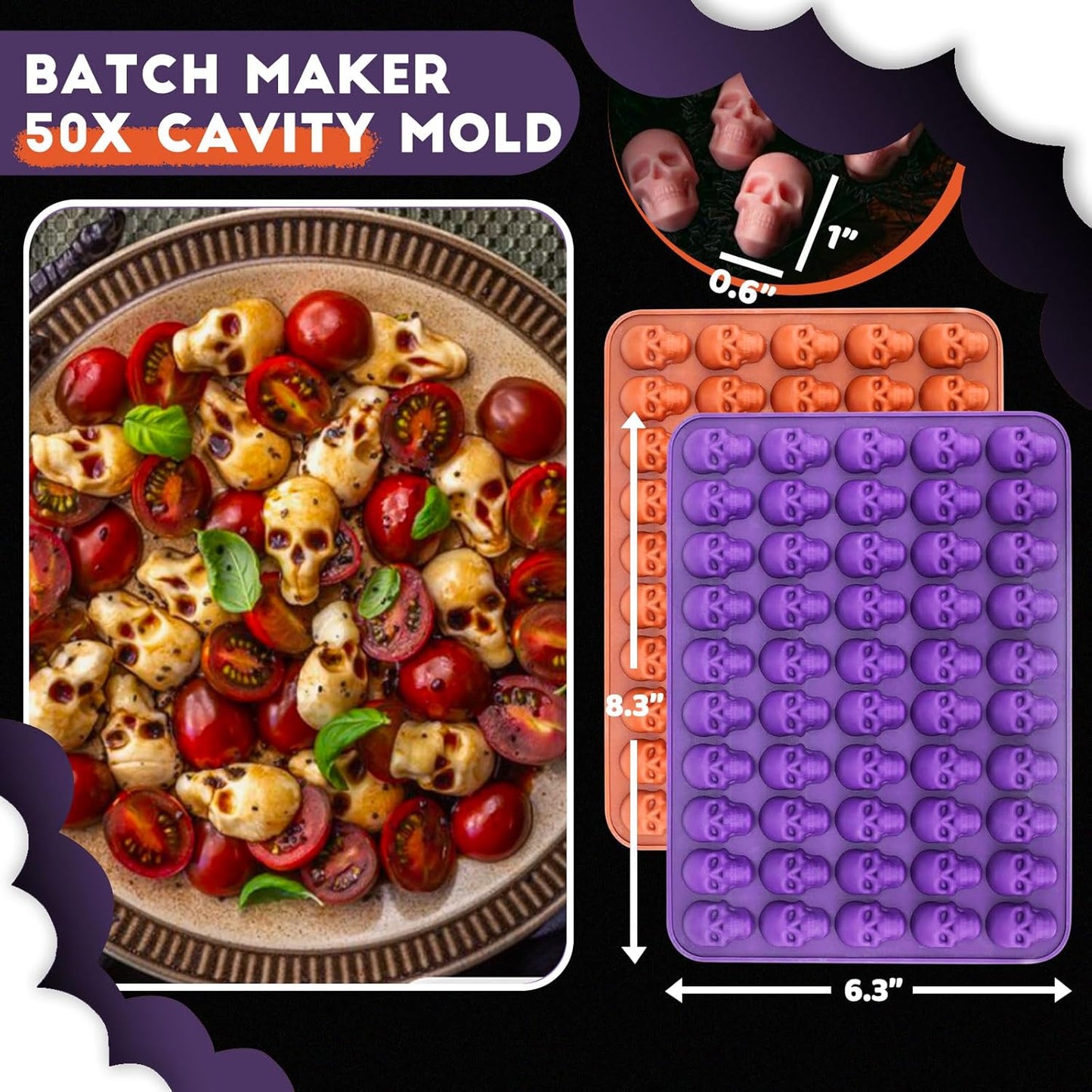 Mini Skull Molds Silicone Halloween for Candy Gummy Chocolate, 100 Cavity 2 pcs Small Head Shapes Freezing Tray Party Homemade 3D Caprese salad Wax Melts DIY Moulds BPA Free Kids Oven Safe