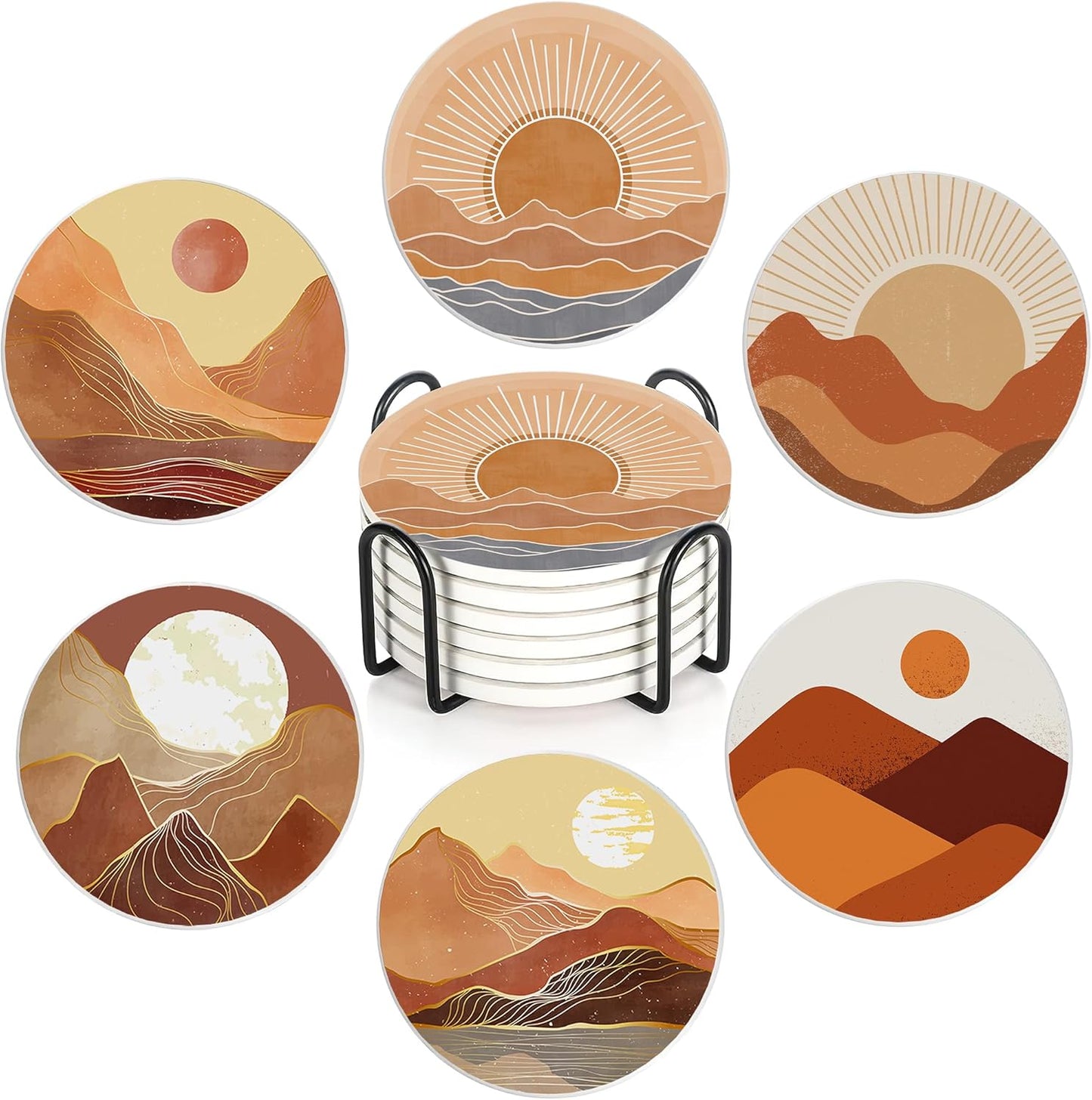 6 Pcs Coasters for Drinks with Holder, Boho Mountain Sun Absorbent Ceramic Coasters with Cork Base,Cute Funny Table Drinks Coasters Tabletop Protection Mat,Table Home Decor,4 Inches