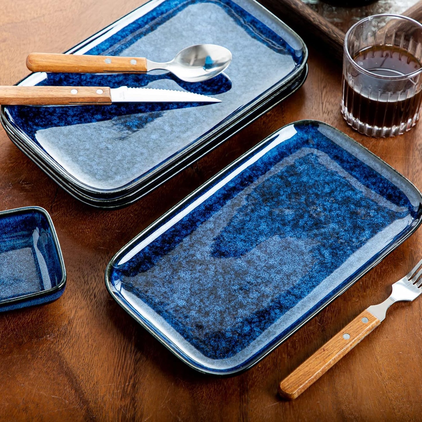 vancasso Stern Serving Platters Set of 4, 11 Inches Rectangular Ceramic Serving Plates, Blue Serving Trays for Entertaining