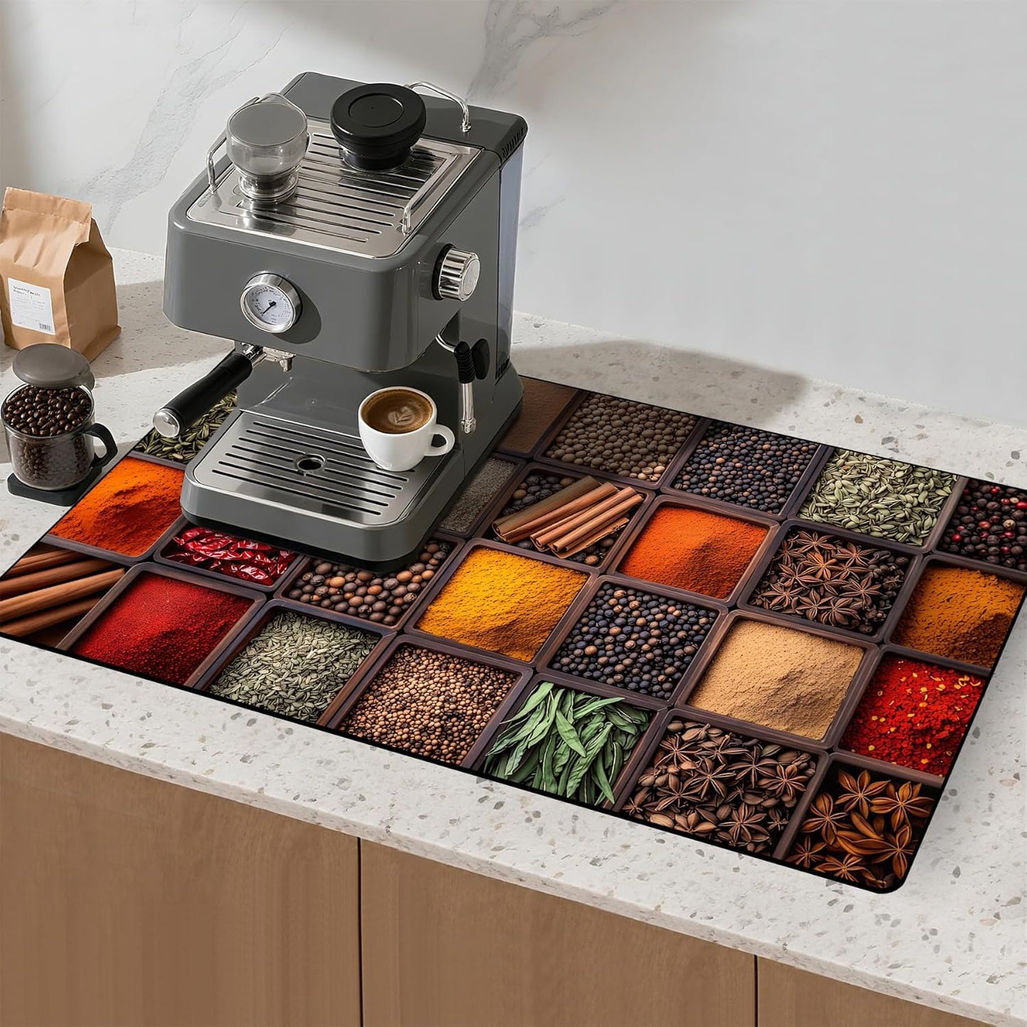 17"x 32" Coffee Bar Mat, Spices Absorbent Dish Drying Mat Cuttable Hide Stain Draining Table Pad for Kitchen Counter, Coffee Bar Accessories