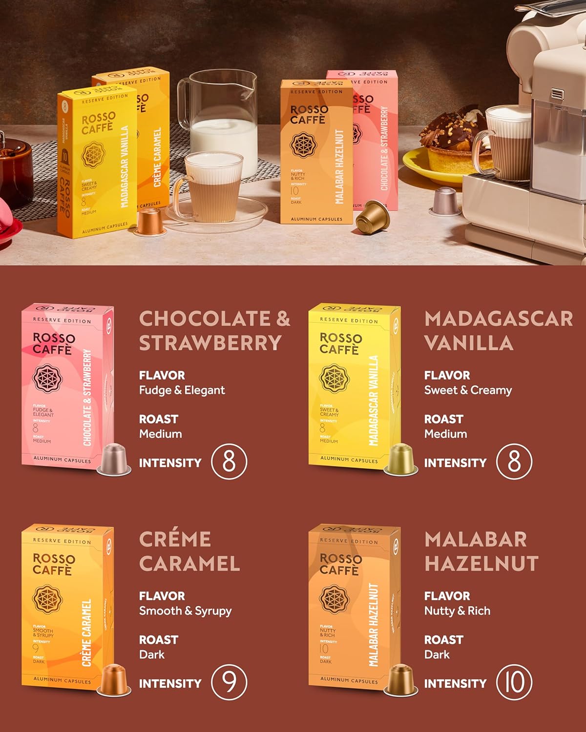 ROSSO CAFFÈ Espresso Coffee Pods for Nespresso Original Machines - 80 Capsules Flavored Pack, 4 Rich and Balanced Flavors (Chocolate, Vanilla, Crème Caramel, Hazelnut) - Made in Italy