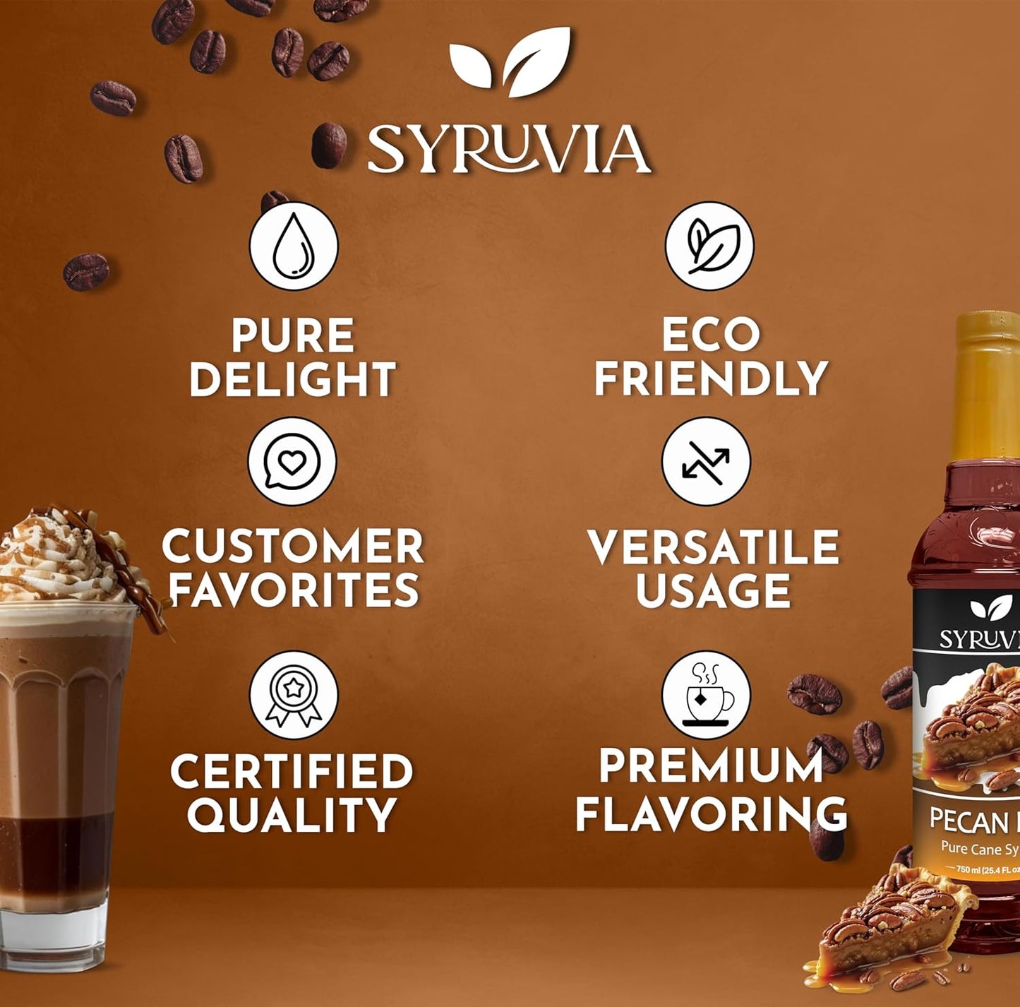 Syruvia Pecan Pie Syrup – 25.4 fl oz Syrup for Coffee, Lattes, Shakes, Smoothies, Desserts – 100% Vegan, Gluten Free, Kosher – Delicious Coffee Syrup