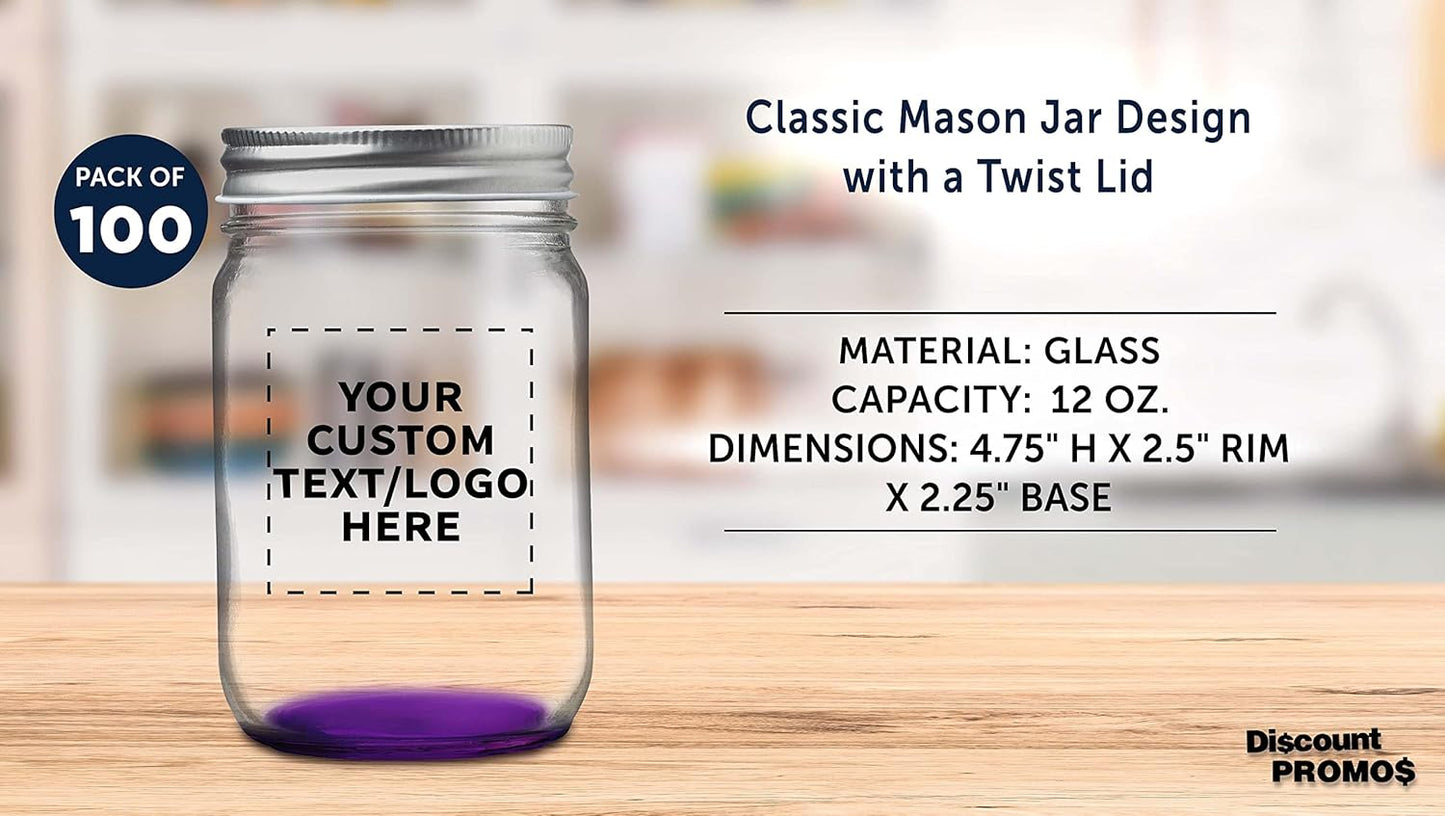 DISCOUNT PROMOS 100 Decorating Mason Jars Set, 12 oz. - Customizable Text, Logo - Canning, Aluminum Lid - Purple