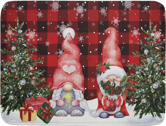 Winter Gnome Dish Drying Mat 18x24 inch Christmas Elf Trees Snowflakes Dish Drainer Mats Large Black Red Buffalo Plaids Fast Drying Absorbent Dish Drying Pad for Kitchen Countertop Holiday Decor