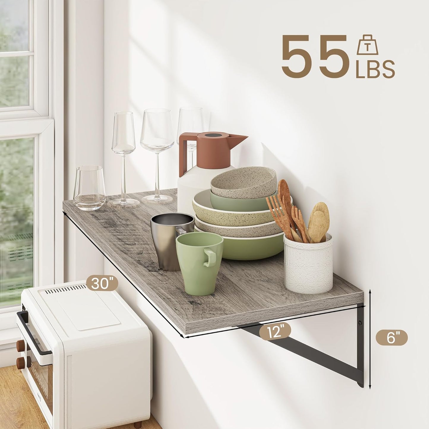 Dreamland Floating Shelves for Wall, 12 Inch Deep Floating Shelves Set of 2, 30W x 12D Large Wall Shelf with Sturdy Metal Brackets for Living Room, Bathroom, Bedroom and Kitchen, Grey