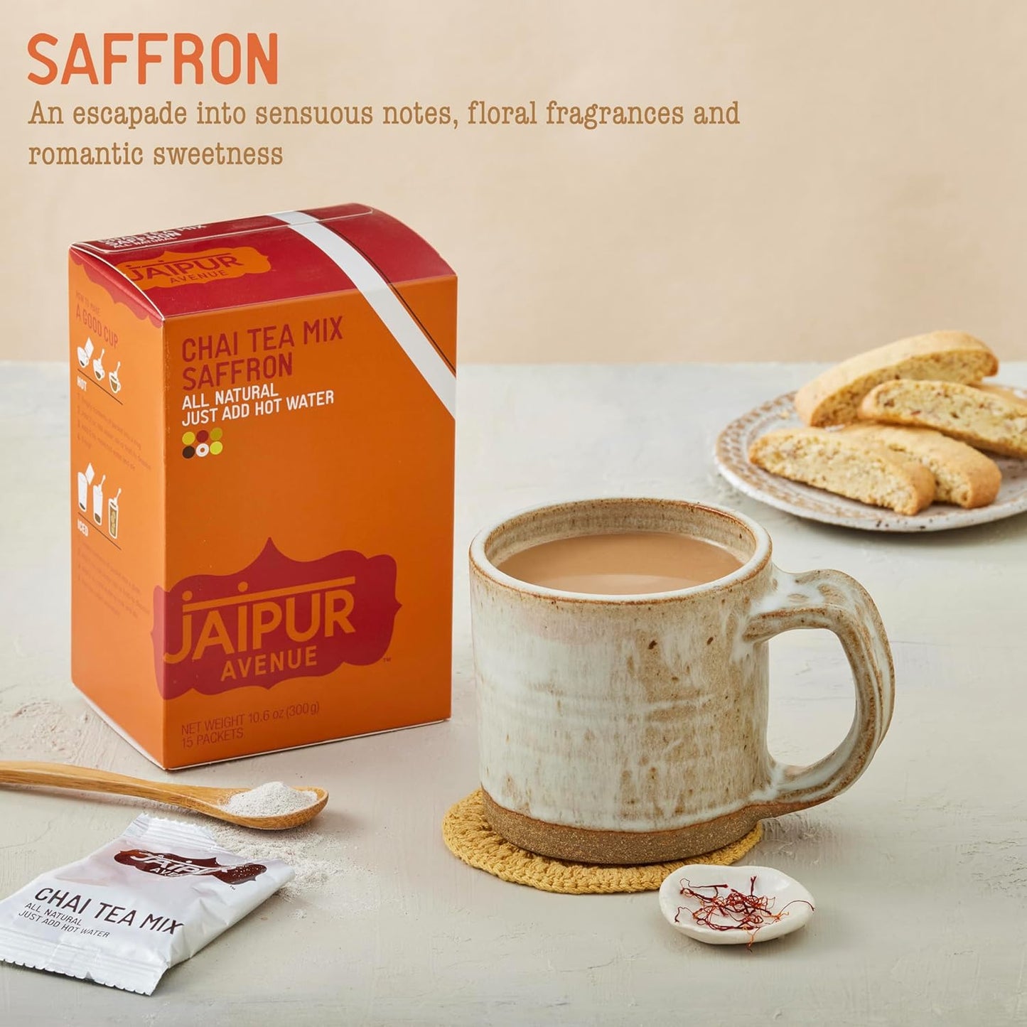 Jaipur Avenue Saffron Chai Tea Mix Crafted with All-Natural Assam Black Tea, Saffron, Cardamom, Cane Sugar, and Premium Dry Milk - Preservative-Free, Gluten-Free (15 Servings)