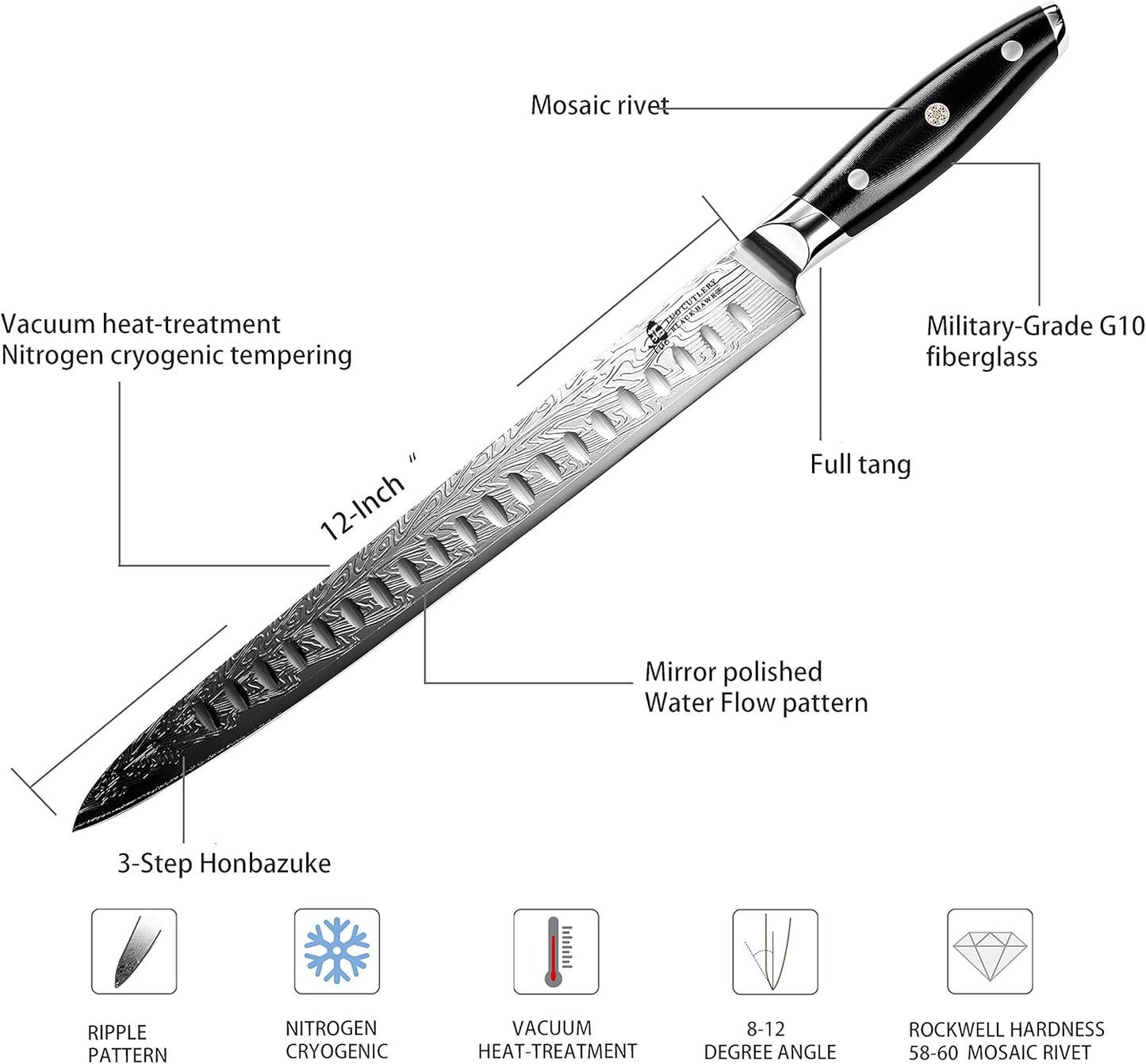 TUO Slicing Knife - Meat Carving Knife Brisket Knife High Carbon Stainless Steel 12-Inch - Meat Knife with G10 Full Tang Handle - Black Hawk-S Knives Including Gift Box