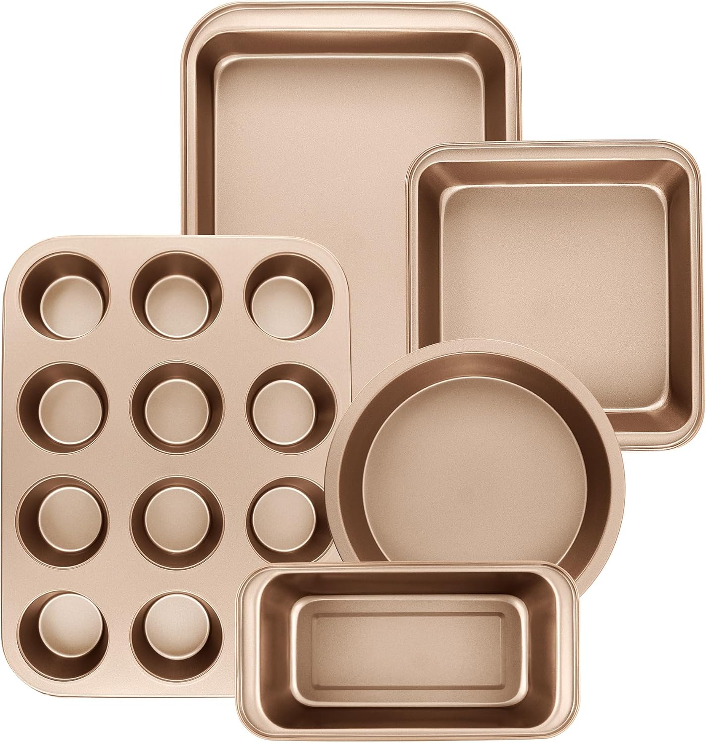 Nonstick Baking Pans Set, 5-Piece Kitchen Baking Sheets for Oven, Bakeware Sets with Round/Square Cake Pan, Muffin Pan, Loaf Pan, Roast Pan, mobzio Cookie Sheet Set Baking Supplies (Champagne Gold)