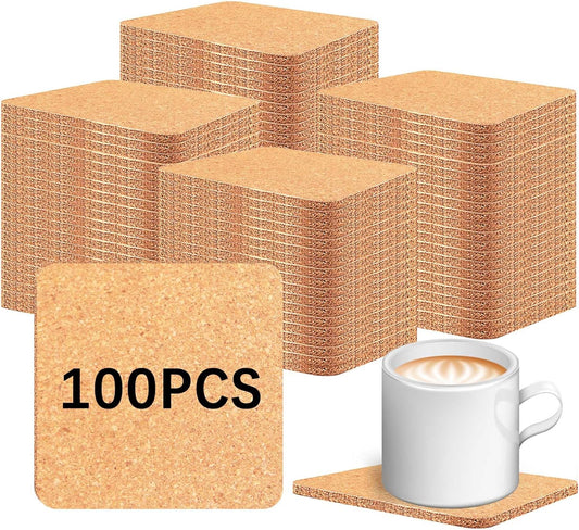 100 PCS Cork Coasters Bulk, Blank Square Cork Coasters DIY Crafts, Non-Slip Heat-Resistant Reusable Coffee Coaster, Suitable for Home Desktop Decoration
