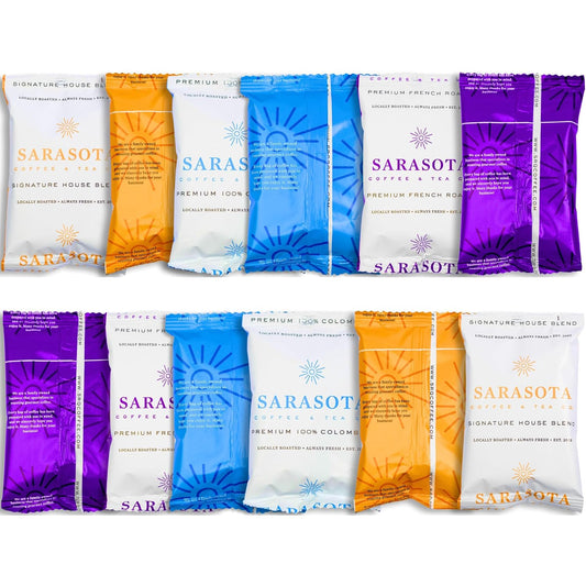 Sarasota Coffee Ground Packets | Gift Set Assorted Variety Sampler Packs | Medium, Colombian, & Dark Roast | Gourmet Low Acid Mold Free Individual Pouches for 12 Cup Coffee Maker | 2 Oz Bags, 12 Count