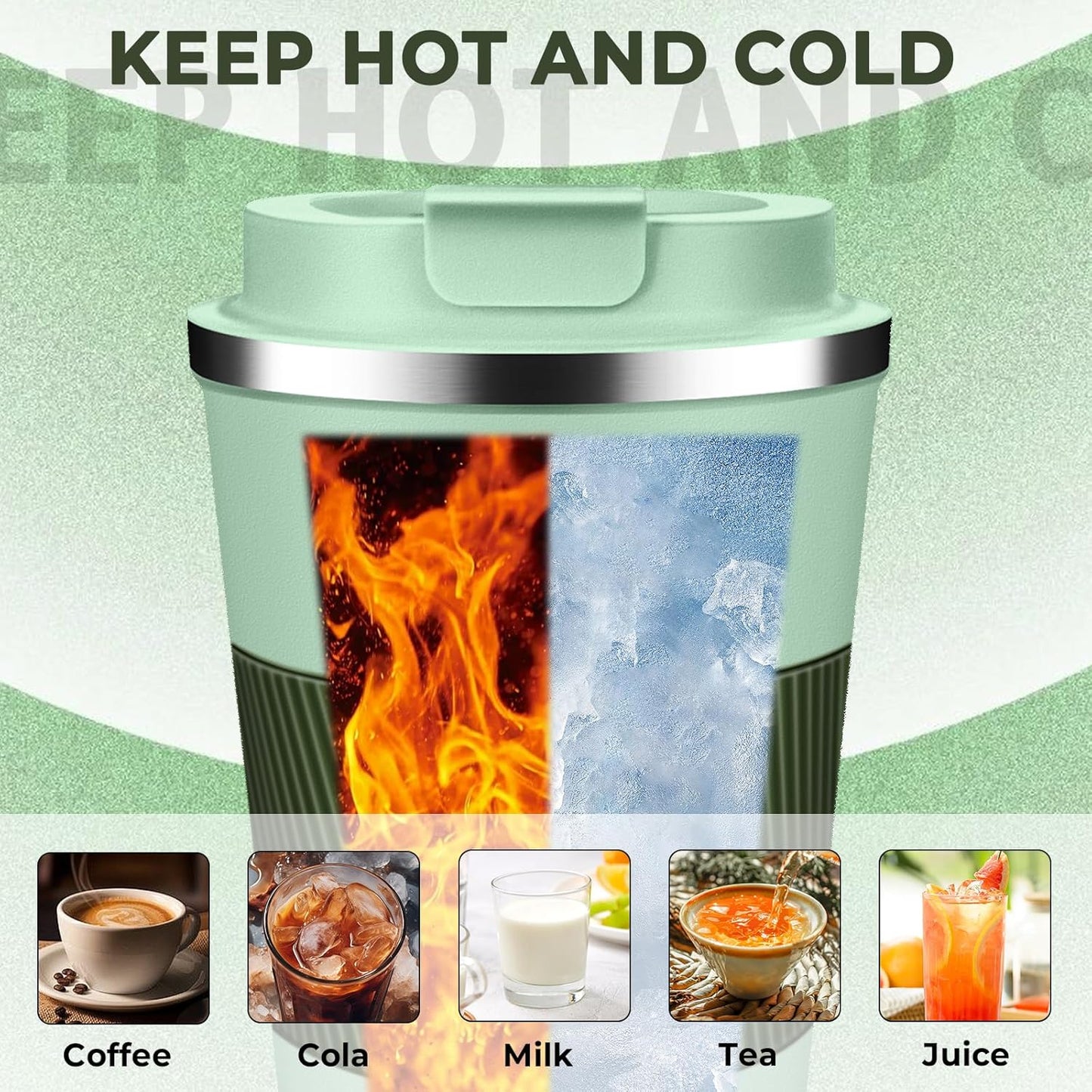 Insulated Coffee Tumbler 12 oz, Stainless Steel Coffee Mug with Lids, Travel Coffee Mug Leak Proof, Double Wall Vacuum Insulated Reusable Coffee Cup, Keep Drinks Hot and Cold (Light Green, 12 Ounces)