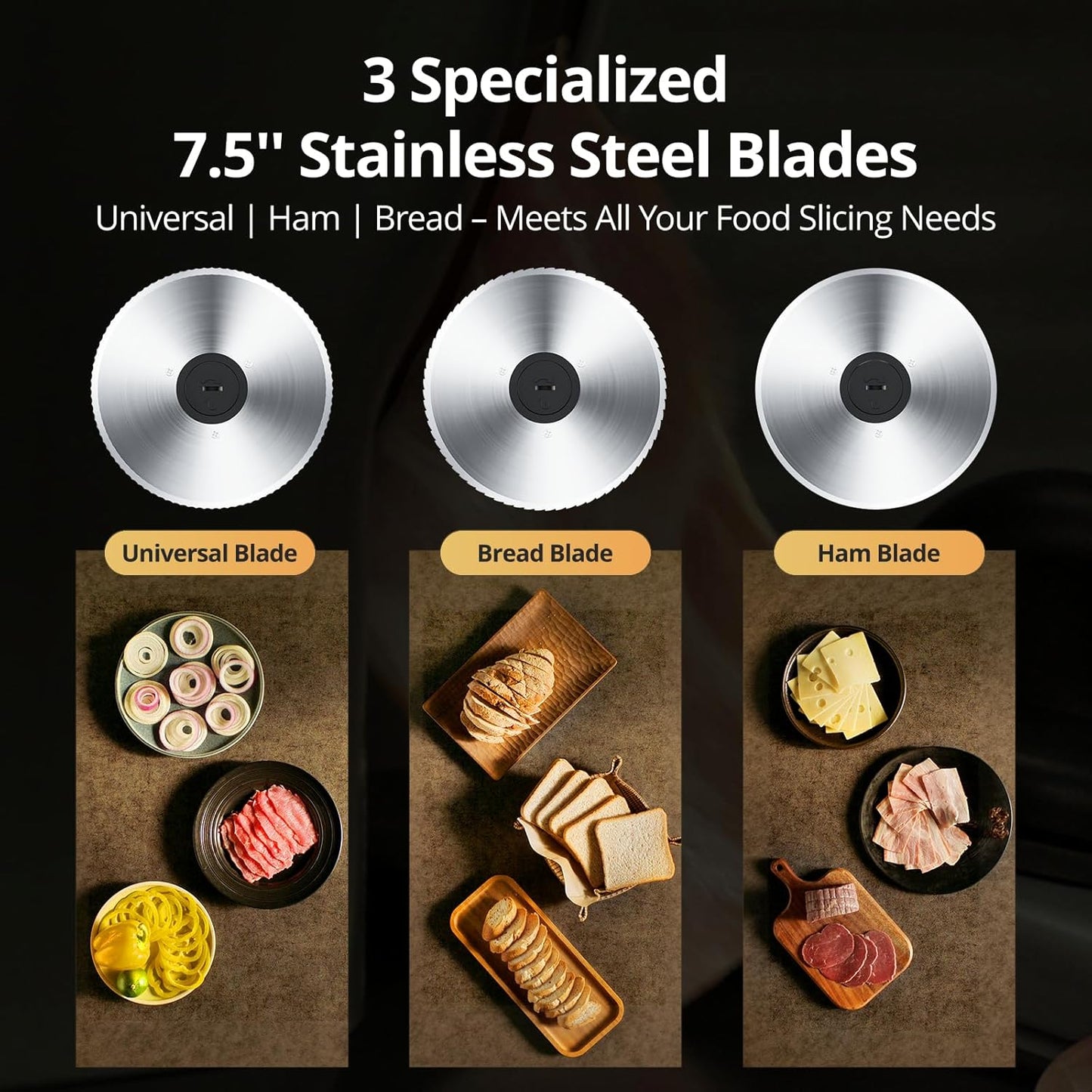 Powerful Deli Meat Slicer Machine, 200W Electric Food Slicer with 3 Types of 7.5" Stainless Steel Blades, Adjustable Thickness 0–15mm, for Meat, Cheese, Bread, Vegetables, Home Use