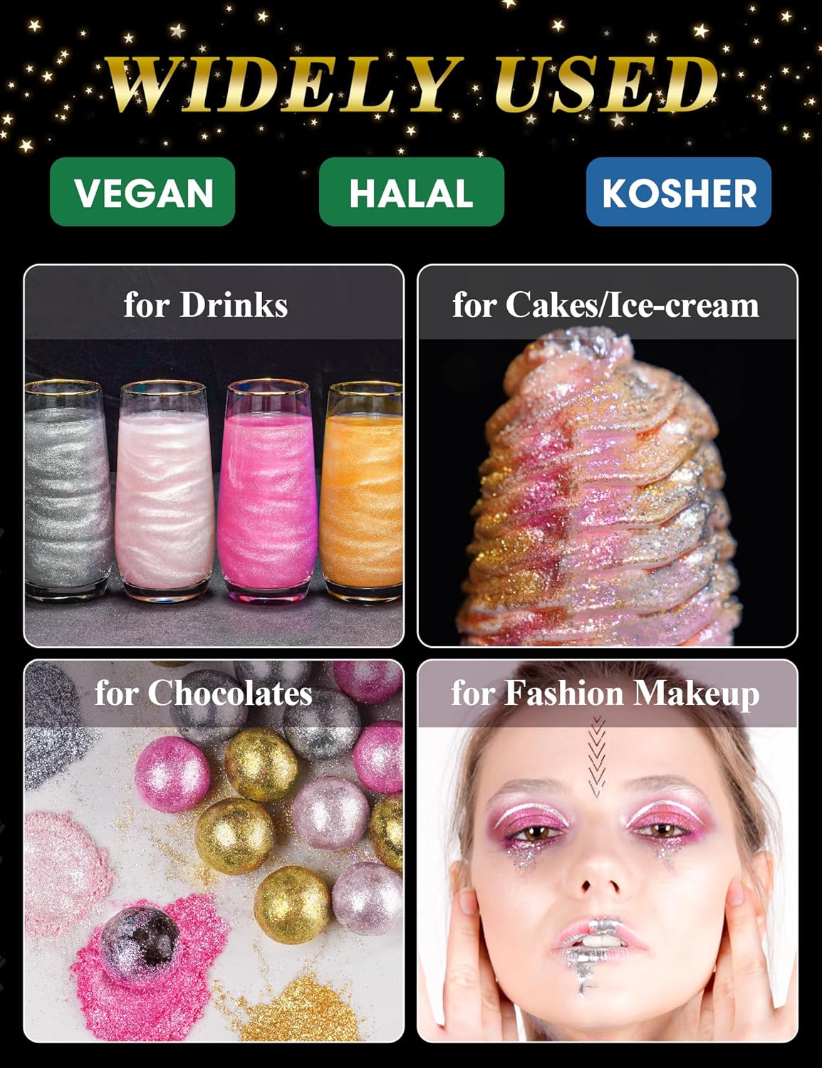 NiHome Edible Luster Dust Glitter Powder Fancy Metallic Sprinkles, Glimmer Luster Dust 4 Bottles of 0.18oz/5g for Decorating Drinks Cakes in Bakeries, Allergen-Free Food Coloring (4 Colors 20g)