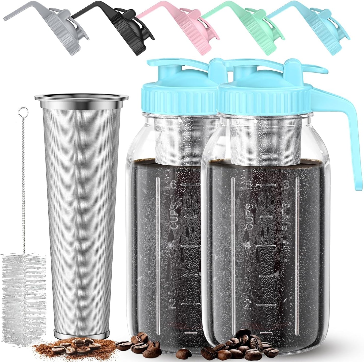 Cold Brew Coffee Maker Jar - 2 Pack 64 oz(2 Quart / 1.9 Liter)Glass Cold Brew Maker with Handle, Stainless Steel Filter&Leak-Proof Lid, Heavy Duty Cold Brew Pitcher for Iced Coffee, Sun Tea, and Milk