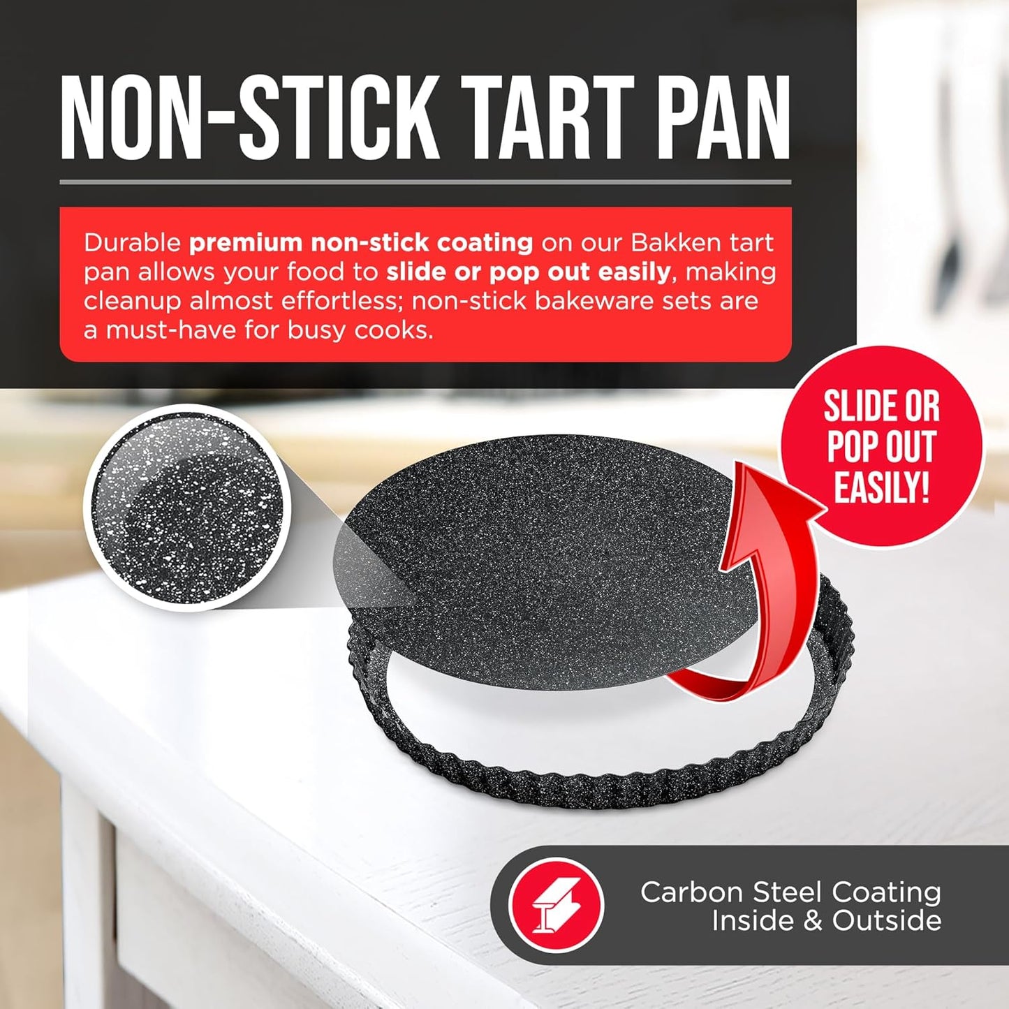 Tart Pan – Quick Release Removable Base, Non-Stick Fluted Edge, Durable Steel - Create Perfect Pies, Fruit Tarts, and Quiches with Ease