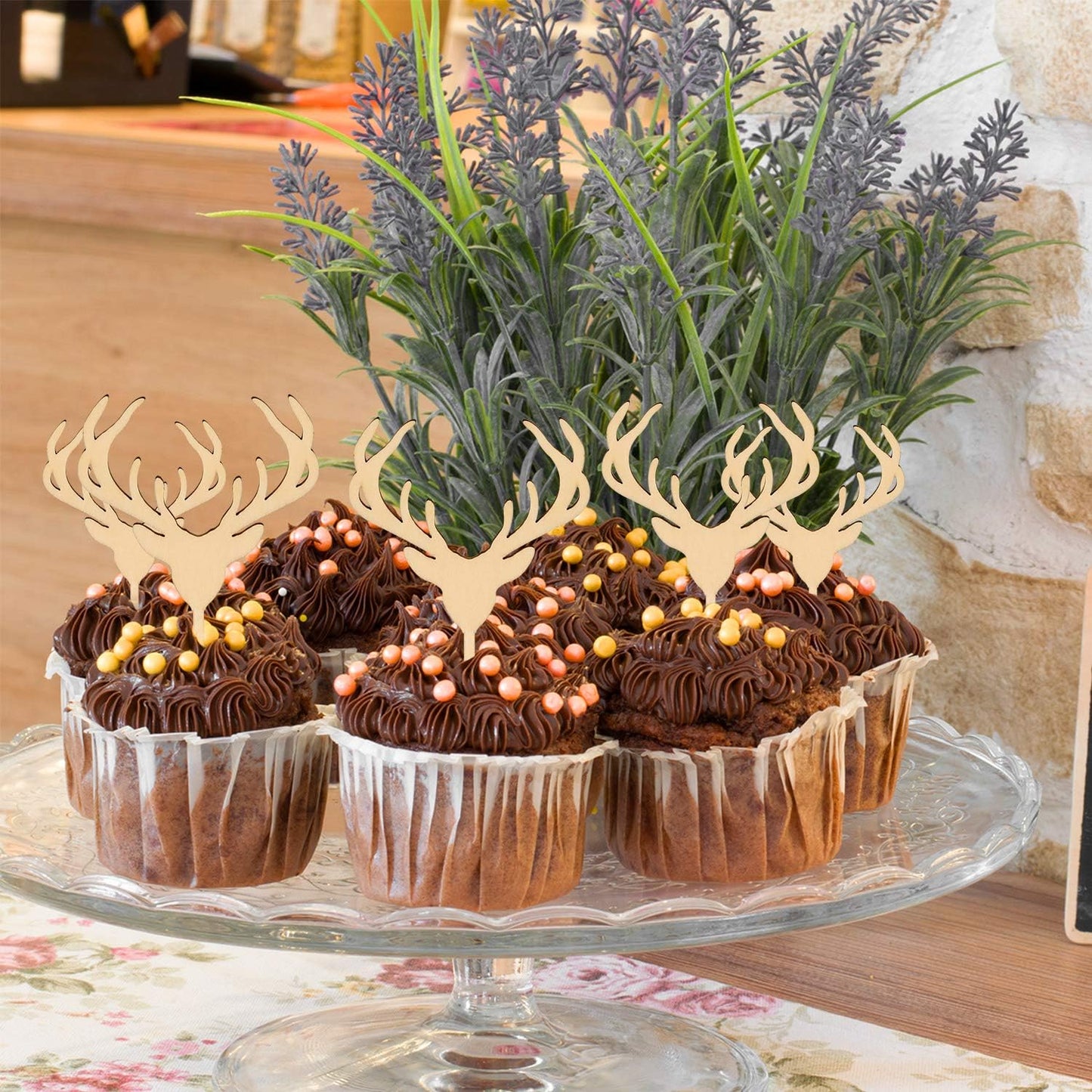 Wooden Deer Cupcake Toppers Antler Cake Picks Wedding Baby Shower Birthday Hunting Rustic Country Party Cake Decoration Supplies 24 Counts