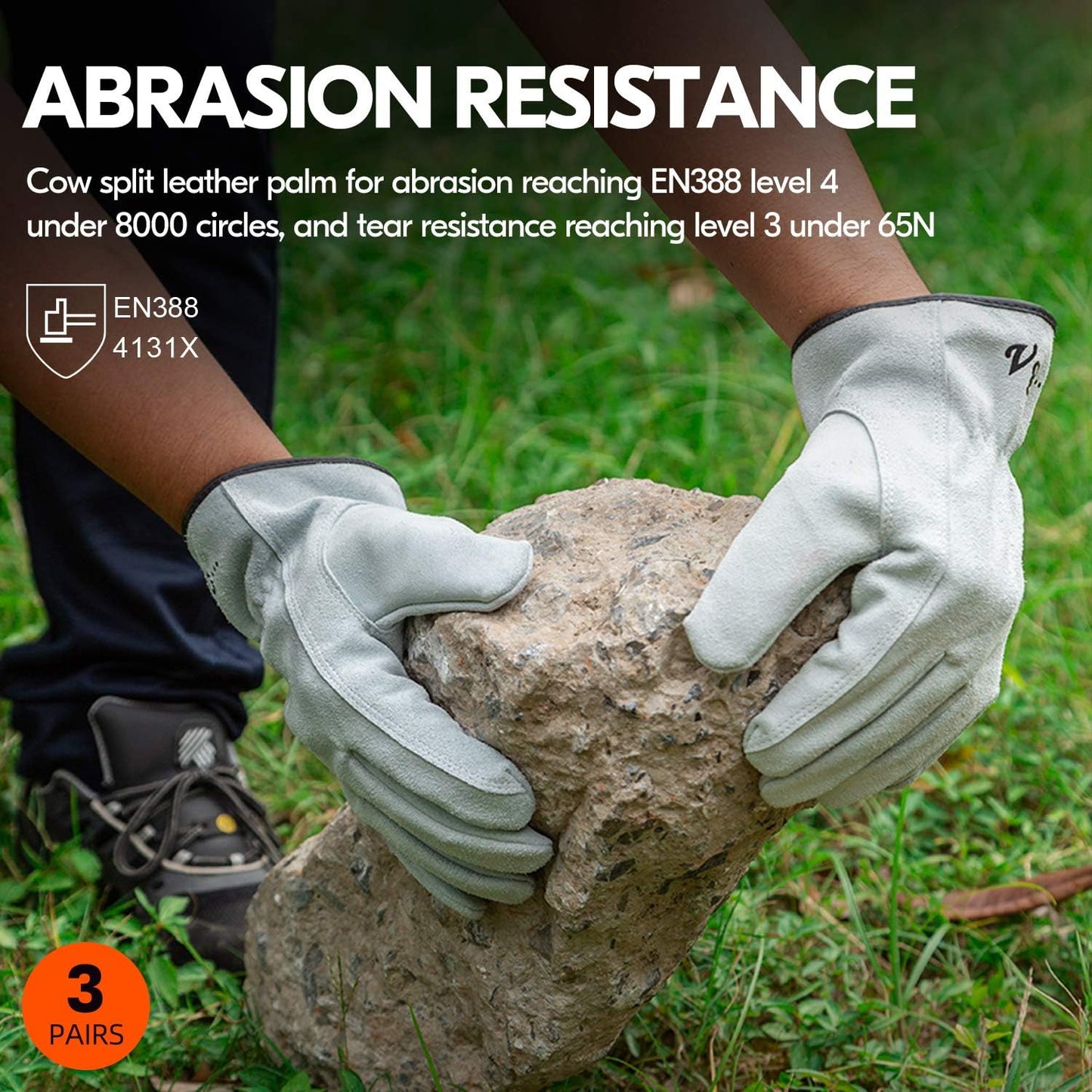 Vgo... 3-Pairs Unlined Cowhide Split Leather Work and Driver Gloves, for Heavy Duty, Truck Driving, Warehouse, Gardening, Farm (Size XL, White, CB9501)