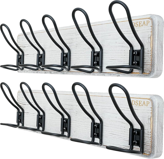 Dseap Coat Rack Wall Mounted - Heavy Duty Farmhouse Rustic Wall Coat Hanger With 5 Wire Hooks for Clothes Hat Jacket Towel, RusticWire, G25A, Whitewash & Black, Pack of 2