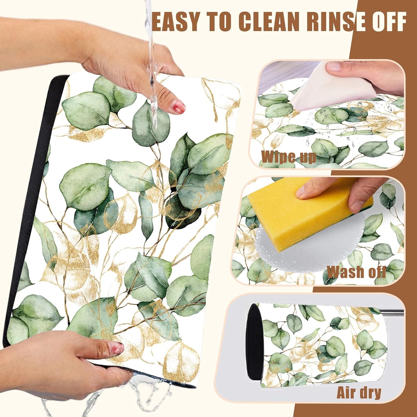 Gold and Green Eucalyptus Leaf Dish Drying Mat for Kitchen Counter Coffee Bar Mat Hide Stain Absorbent Rubber Backed Coffee Mat Coffee Maker Espresso Machine Coffee Bar Accessories 11.8 x 19.7 Inch