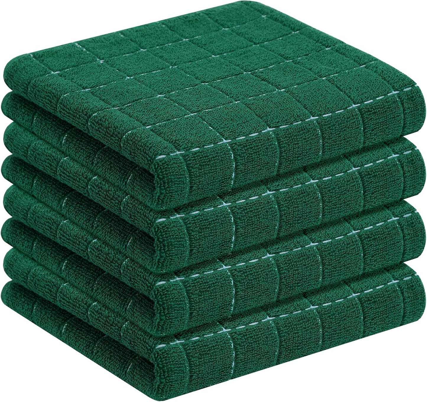 Homaxy 100% Cotton Terry Kitchen Towels(Dark Green, 13 x 28 inches), Checkered Designed, Soft and Super Absorbent Dish Towels, 4 Pack
