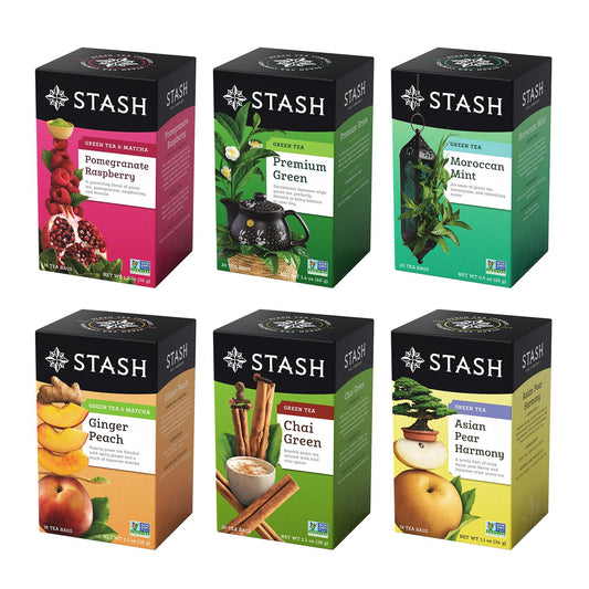 STASH Green Tea Variety Pack – Caffeinated, 6 Boxes of 18-20 Tea Bags Each – Pomegranate Raspberry, Premium Green, Moroccan Mint, Ginger Peach, Chai Green & Asian Pear Harmony