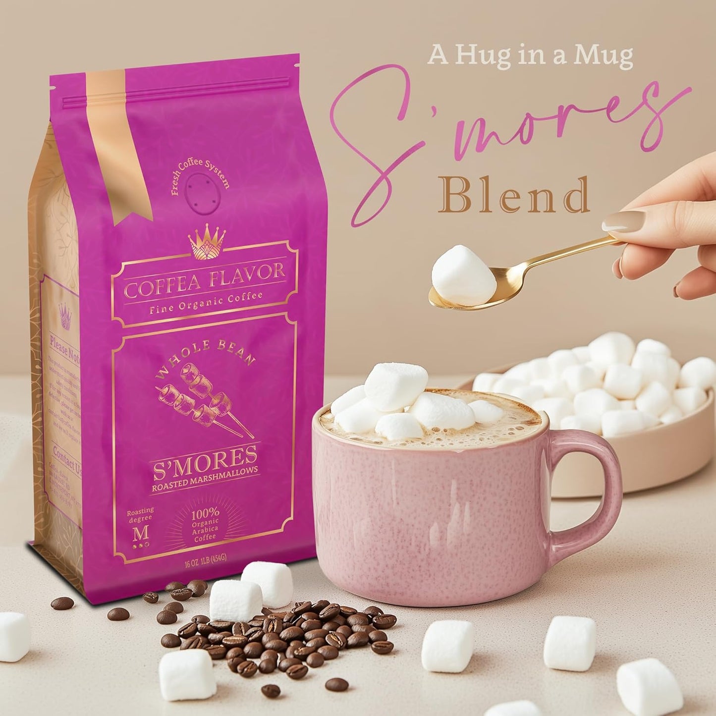 S'mores Flavored Whole Bean Coffee – 100% Arabica, Single Origin, Medium Roast, Naturally Sweetened, Rich and Creamy Flavor – Perfect for Cold Brew – by Coffea Flavor