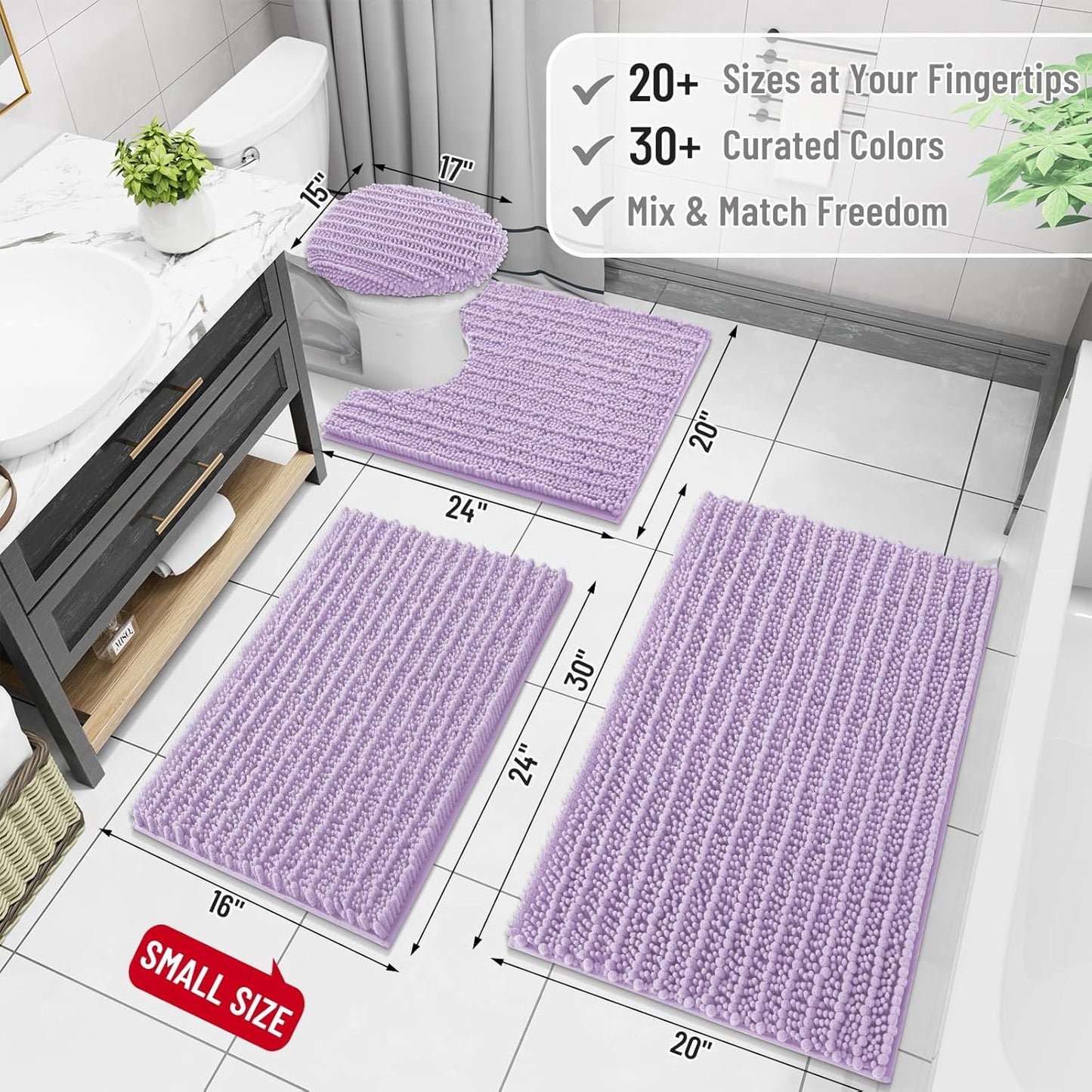 Arotive Luxury Chenille Bathroom Rug Mat, Extra Soft Thick Absorbent Shaggy Bath Rugs, Non-Slip Machine Wash Dry, Plush Bath Mats for Bathroom, Shower and Tub, 30x17, Light Purple