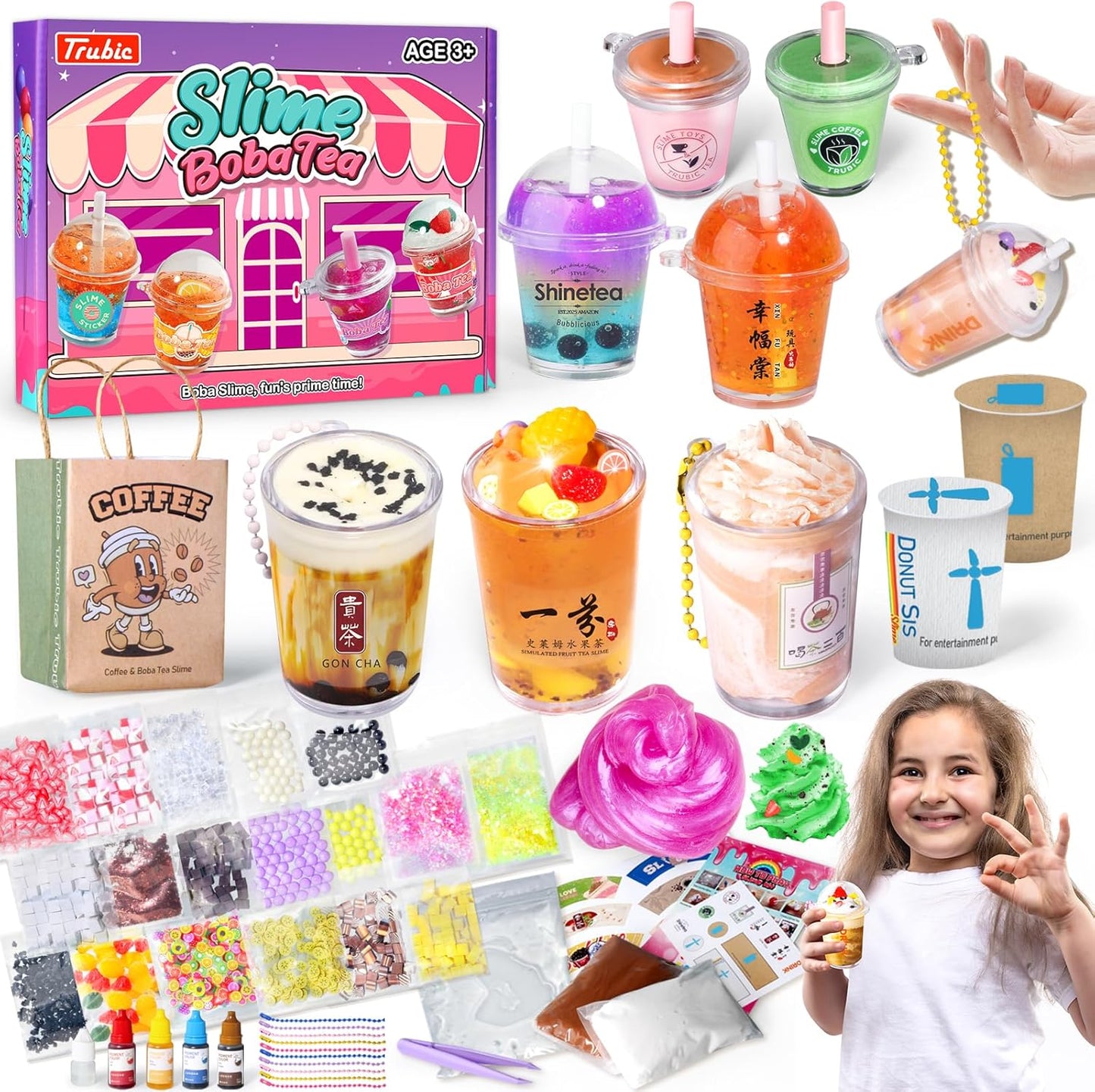 Miniature Cafe & Boba Tea Slime Making Kit for Girls Ages 8-12, 53PCS Mini Coffee & Bubble Tea Dessert Cup, DIY Pretend Play Food Set, Kitchen Toys, Birthday Party Gift for Kids 6 7 9 10 11