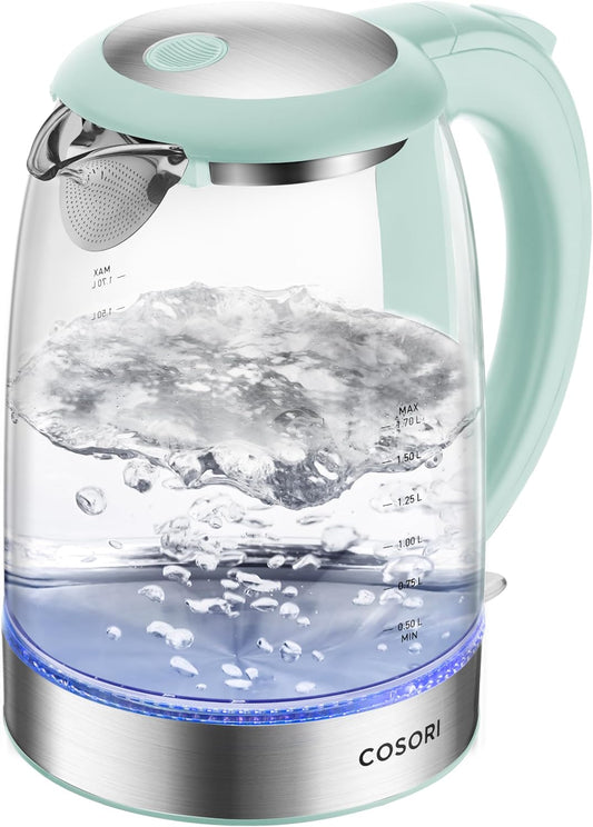 Cosori Electric Kettle, No Plastic Filter & Spout, Tea Kettle & Hot Water Boiler For Coffee & Tea, Water Heater & Teapot, Automatic Shut Off, Borosilicate glass, Green, 1.7L/1500W