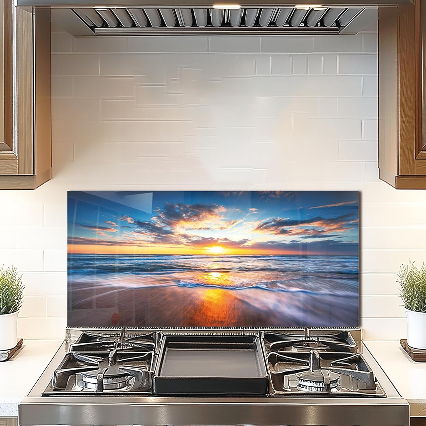 Tempered Glass Backsplash For Kitchen Behind Stove,Sea Beach Stove Backsplash Top Cover,Easy to Clean Glass Splashback, Sink Cover Splash Guard,Home Kitchen Wall Decor (30"x14"(76.2x35.56cm))