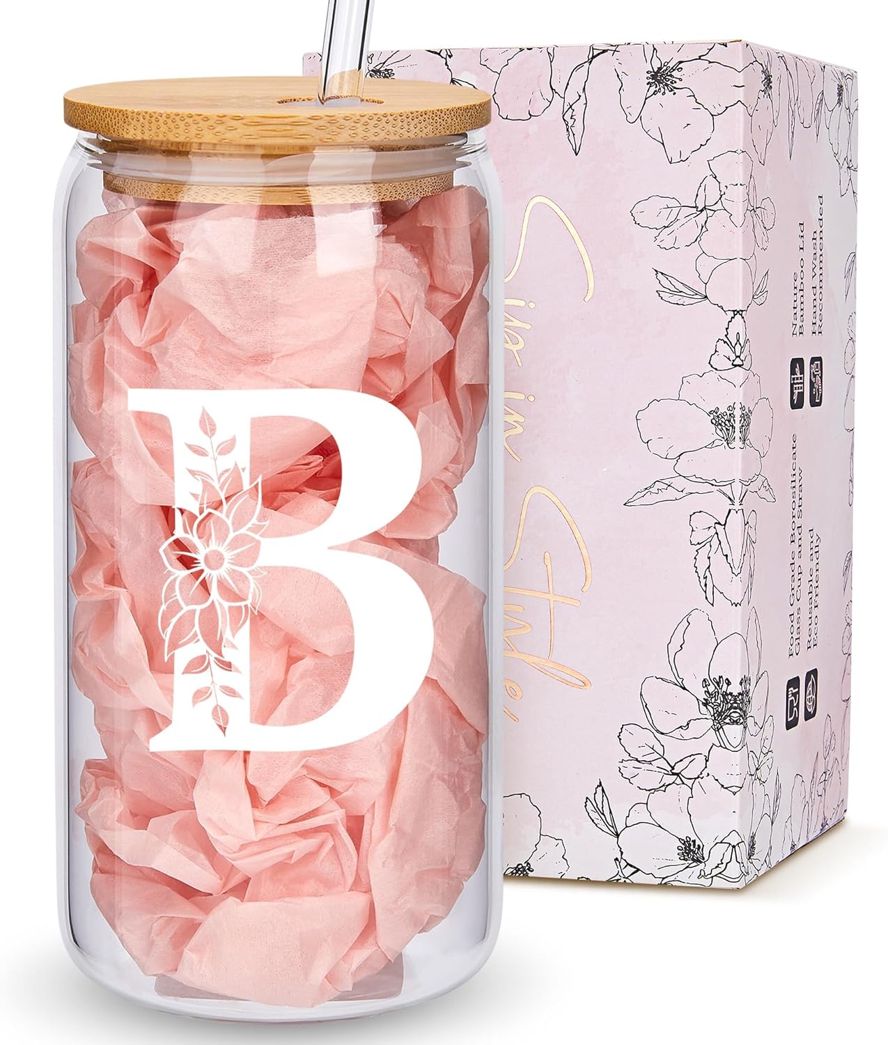 Personalized Gifts for Women, Monogrammed Glass Cups with Lids and Straws, Custom Tumbler, Cute Customized Mug, Aesthetic Stuff, Initial Iced Coffee Cup, Drinking Glasses, Birthday Teacher Gifts, B