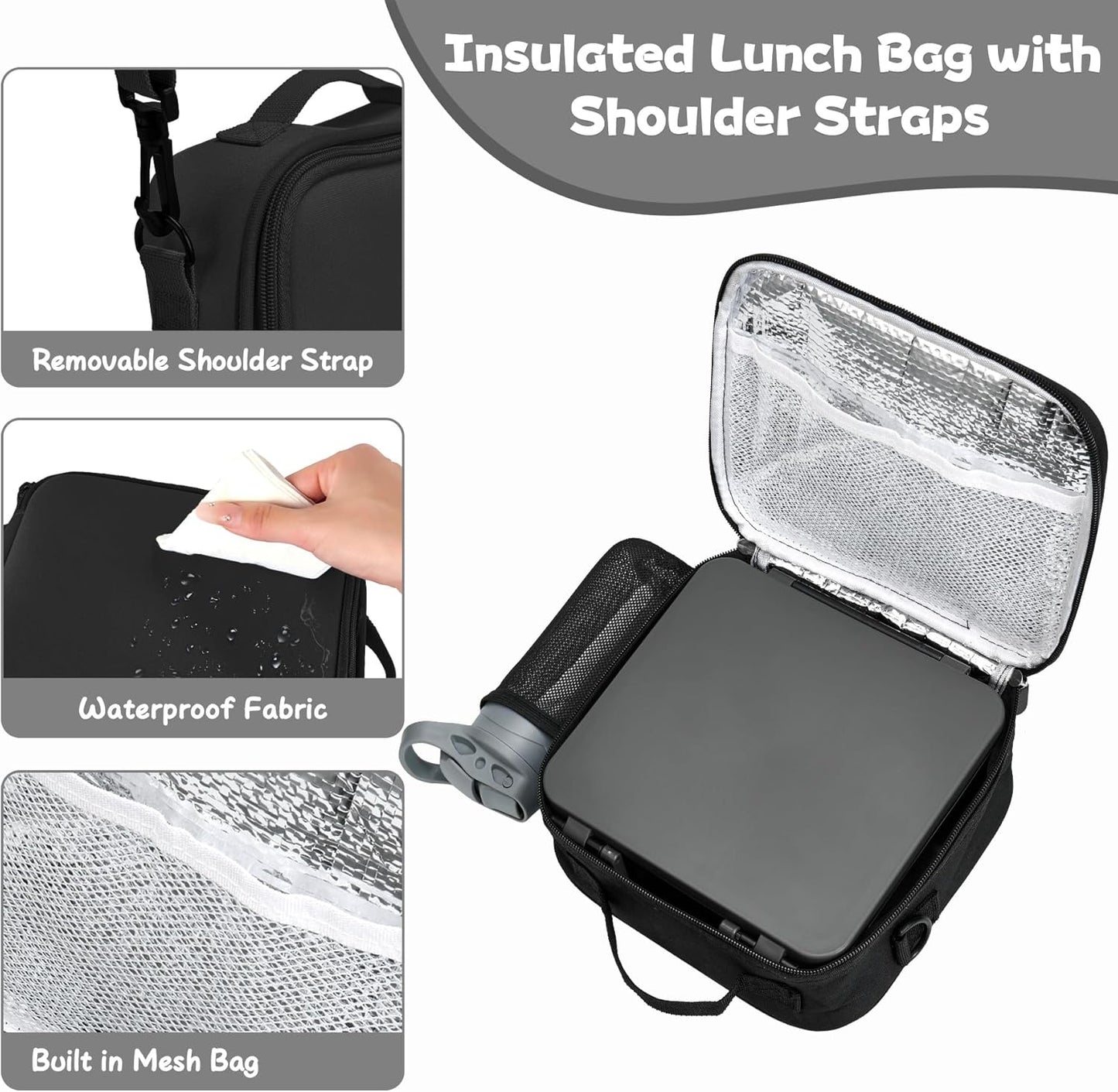 Kids Bento Lunch Box with 8oz Soup Thermo, Water Bottle, Kids Leakproof Lunch Food Containers with 4 Compartment, Insulated Hot Food Jar with Lunch Bag for School, Trvael (Black)